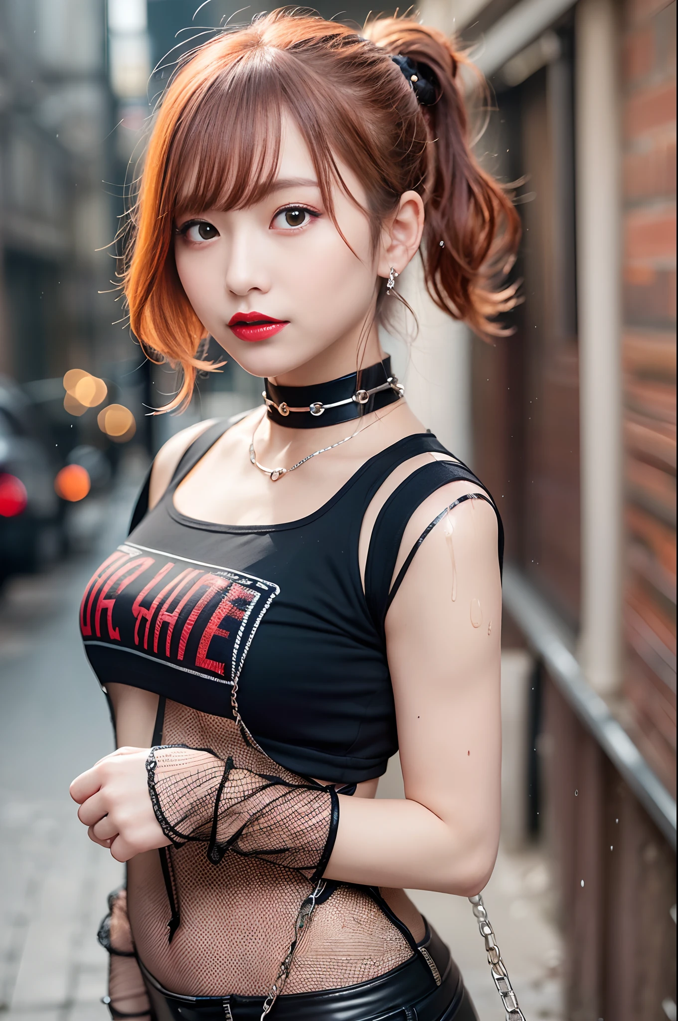 sologirl,Back alley in heavy rain,Drenched bad girl,piercings,Punk rock fashion,Punk rock shirt with chain,Punk rock pants with chain,a choker,(The whole body is soaking wet,Rainwater dripping from the face,Wet face,wetting hair,Wet and glowing skin,Soaking wet costumes,),(Shiny silver and orange hair,Short ponytail),(The composition of the princess's face,big eye,Pointed lips,red lipsticks,Cute round face,A smile that makes the viewer happy,blushing with embarrassment,red blush,),(Bold poses,(The 8k quality,masutepiece,top-quality,Ultra-high resolution output image,),intricate detailes,(Highly detailed raw photos:1.3),(Image Mode Ultra HD),