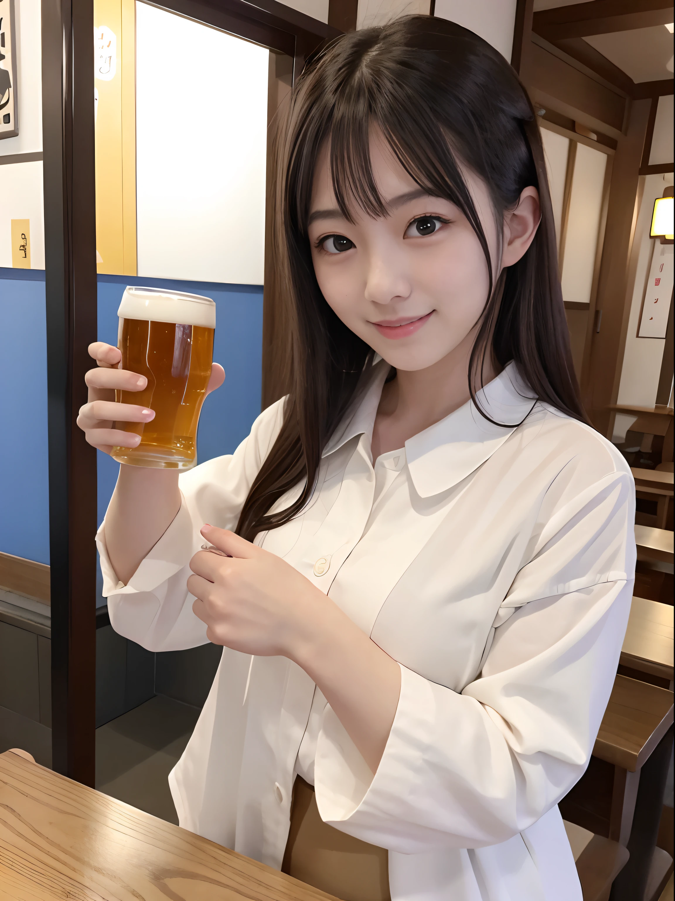 top-quality,cute Japanese girls,20yr old,blouse、Clerk attire,Fluffy smile,Idol,Drink a beer in one hand,izakaya