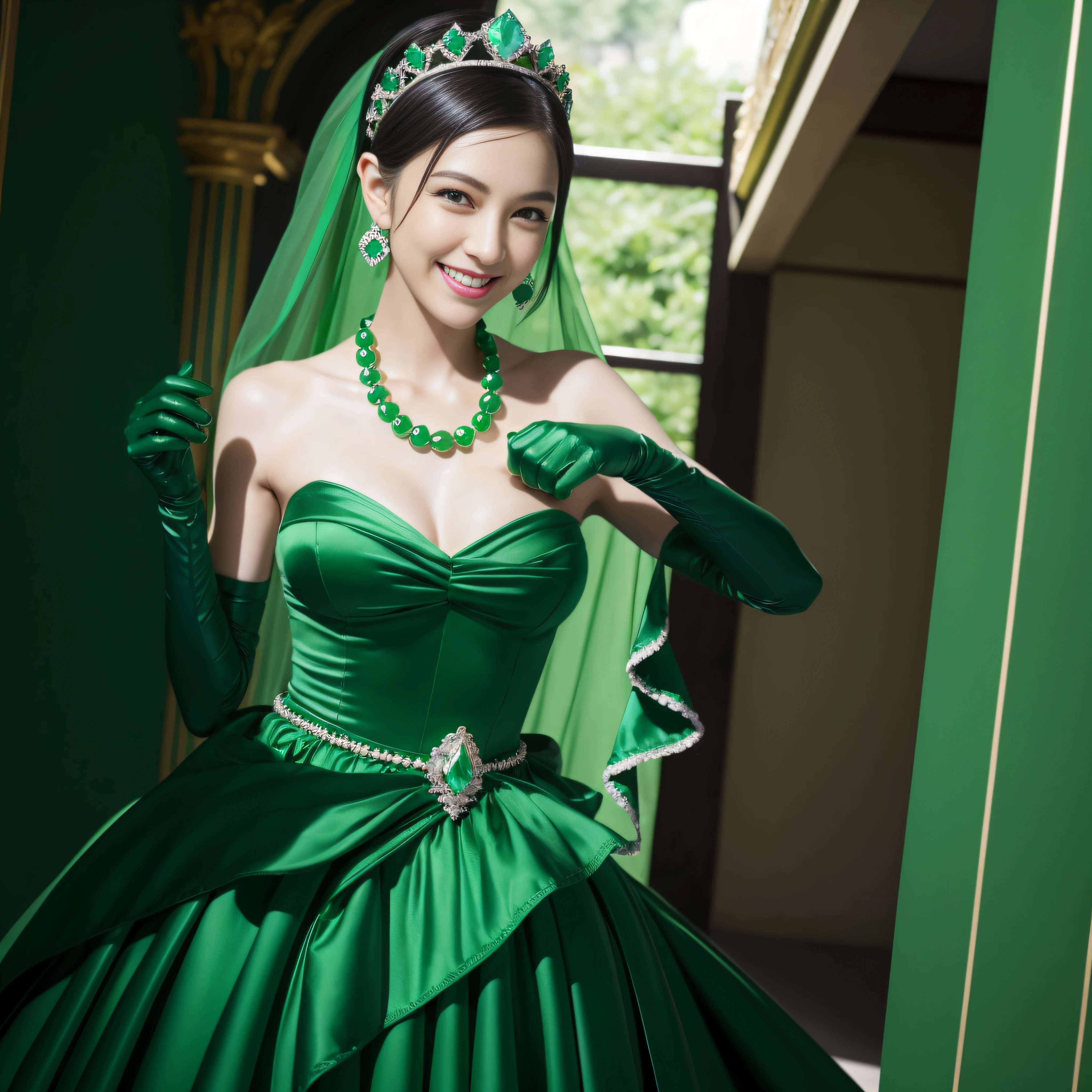emerald tiara, Green Pearl Necklace, Boyish very short green hair, lipsticks, Japan woman smiling, very short short hair, fist, big breasts beautiful, Green eyes, Long green gloves made of satin material, Green eyes, Emerald Earrings, lesbian ,the kiss