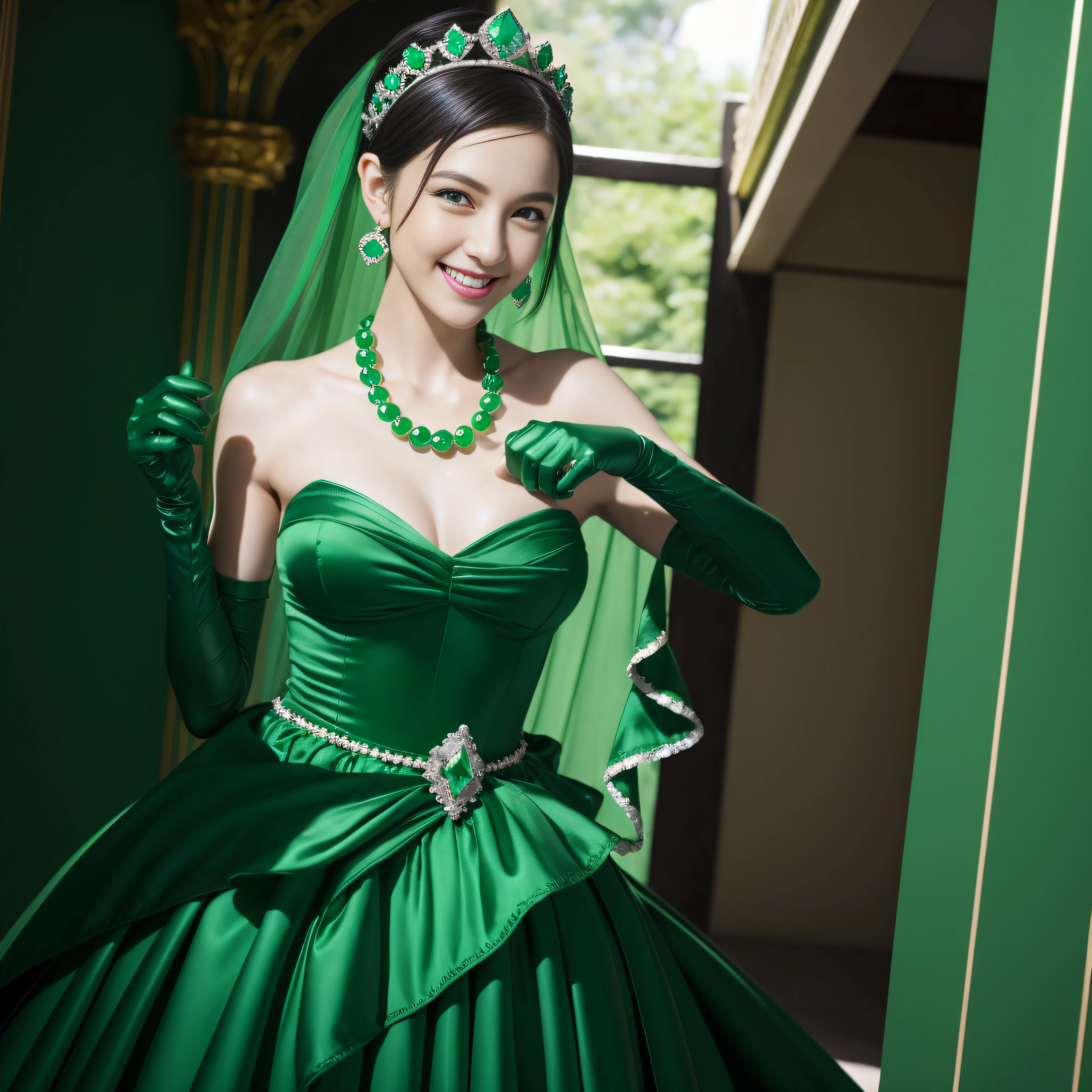 emerald tiara, Green Pearl Necklace, Boyish very short green hair, lipsticks, Japan woman smiling, very short short hair, fist, big breasts beautiful, Green eyes, Long green gloves made of satin material, Green eyes, Emerald Earrings, lesbian ,the kiss