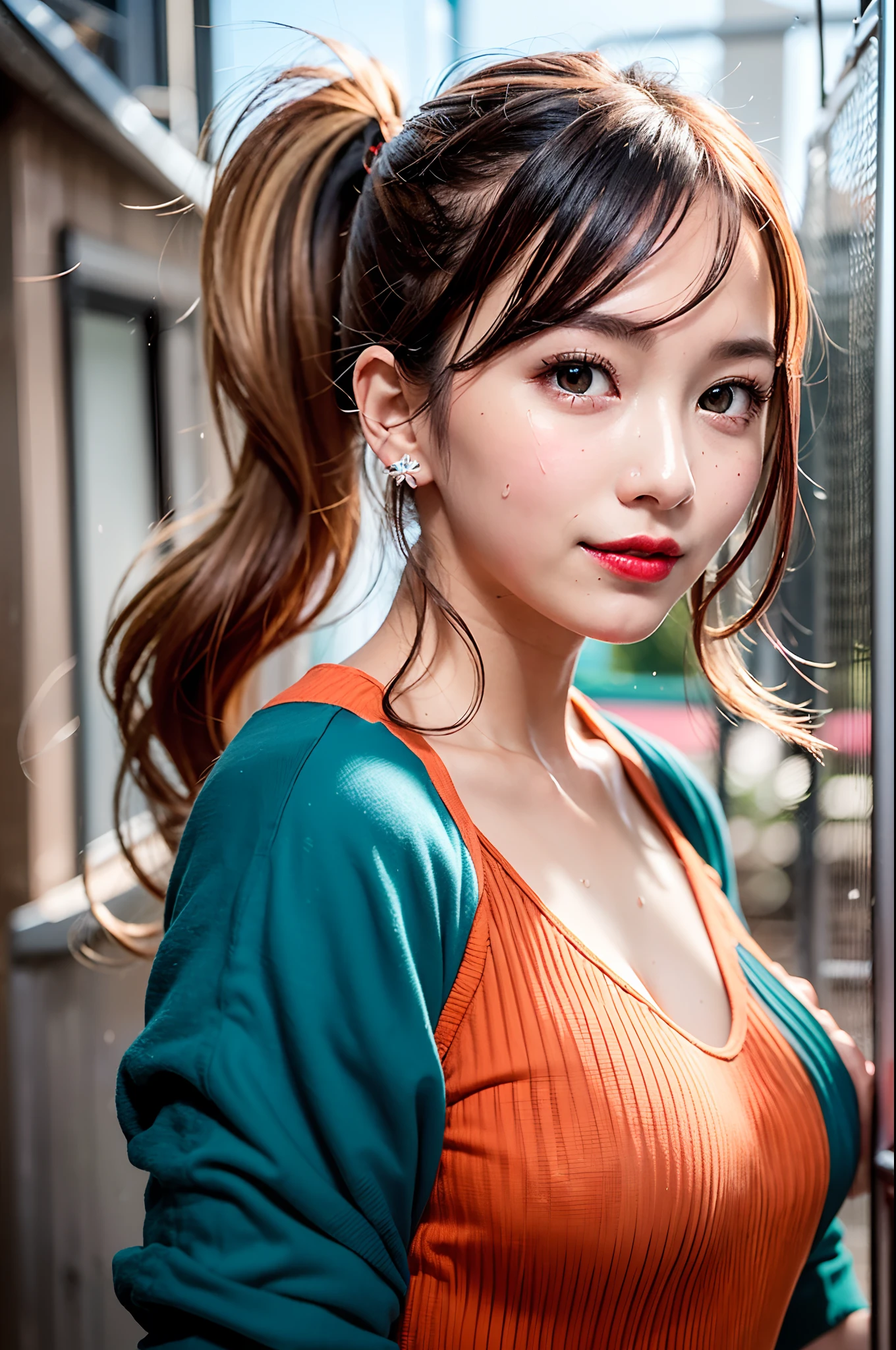 gals,sologirl,Back alley in heavy rain,Drenched bad girl,piercings,gal make,Gal style fashion,(The whole body is soaking wet,Rainwater dripping from the face,Wet face,wetting hair,Wet and glowing skin,Soaking wet costumes,),(Glossy light brown and orange two-tone hair,Short ponytail),(The composition of the princess's face,big eye,Pointed lips,red lipsticks,Cute round face,A smile that makes the viewer happy,blushing with embarrassment,red blush,),(Bold poses),(The 8k quality,masutepiece,top-quality,Ultra-high resolution output image,),intricate detailes,(Highly detailed raw photos:1.3),(Image Mode Ultra HD),