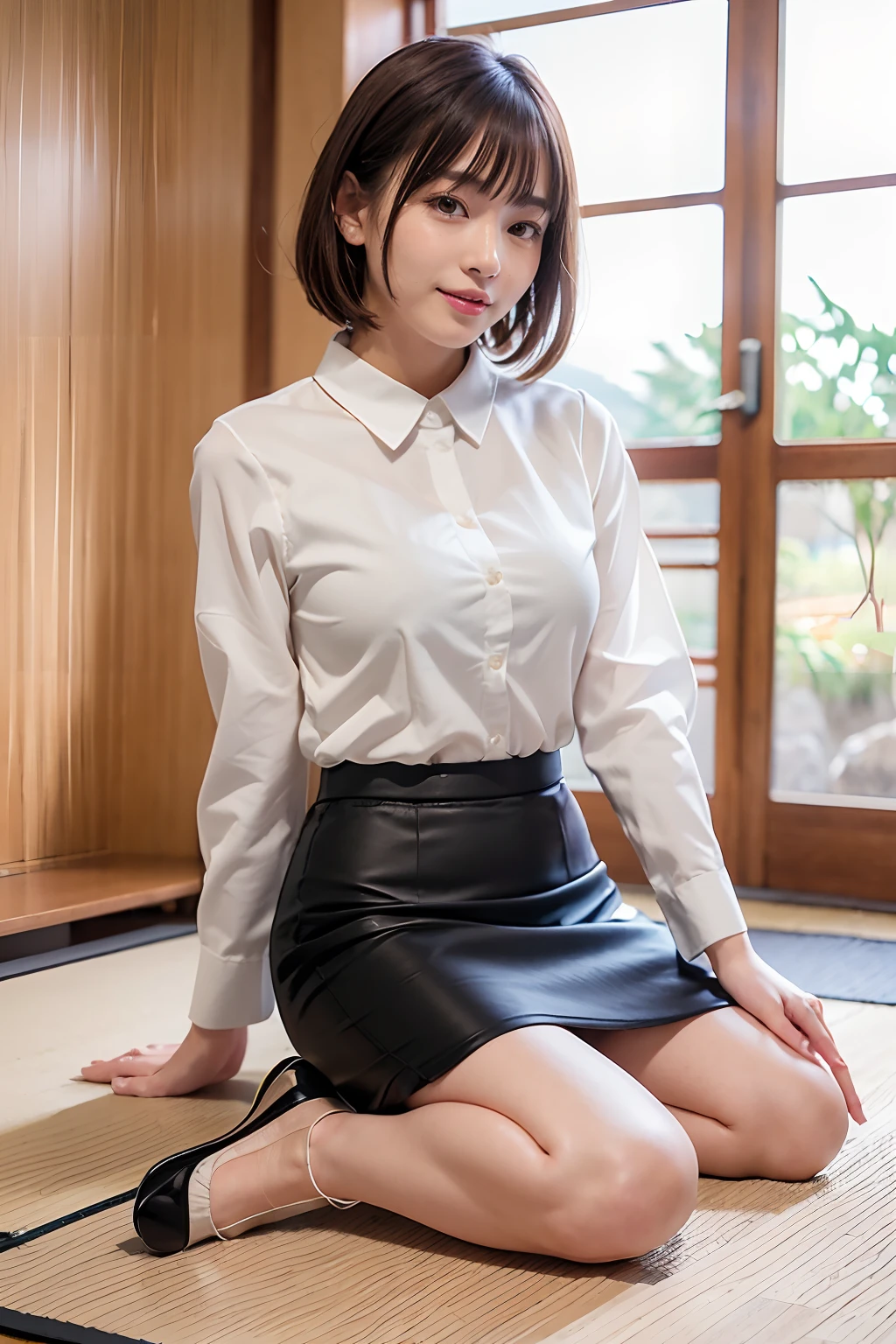((traditional japanese room、on the tatami))、laughter、(realistic、Photoreal:1.37)、(masterpiece)、(highest quality:1.4)、(超A high resolution:1.2)、(Raw photo:1.2)、(sharp focus:1.3)、(crawl on all fours:1.2)、elegant、(Full body Esbian:1.2)、(One girl wearing a detailed pencil skirt and black suit jacket and white shirt:1.3)、(OL)、professional attire、high heels、(24-years-old:1.1)、(smile:1.3)、(make your hair shine:1.3)、 brown haired、bob cut、 short pencil skirt
(big breasts:1.2)、(bright daytime interior:1.2), Photographed from a side angle、beautiful and delicate eyes、 see the beholder,、(cute)、(((high heels)))、