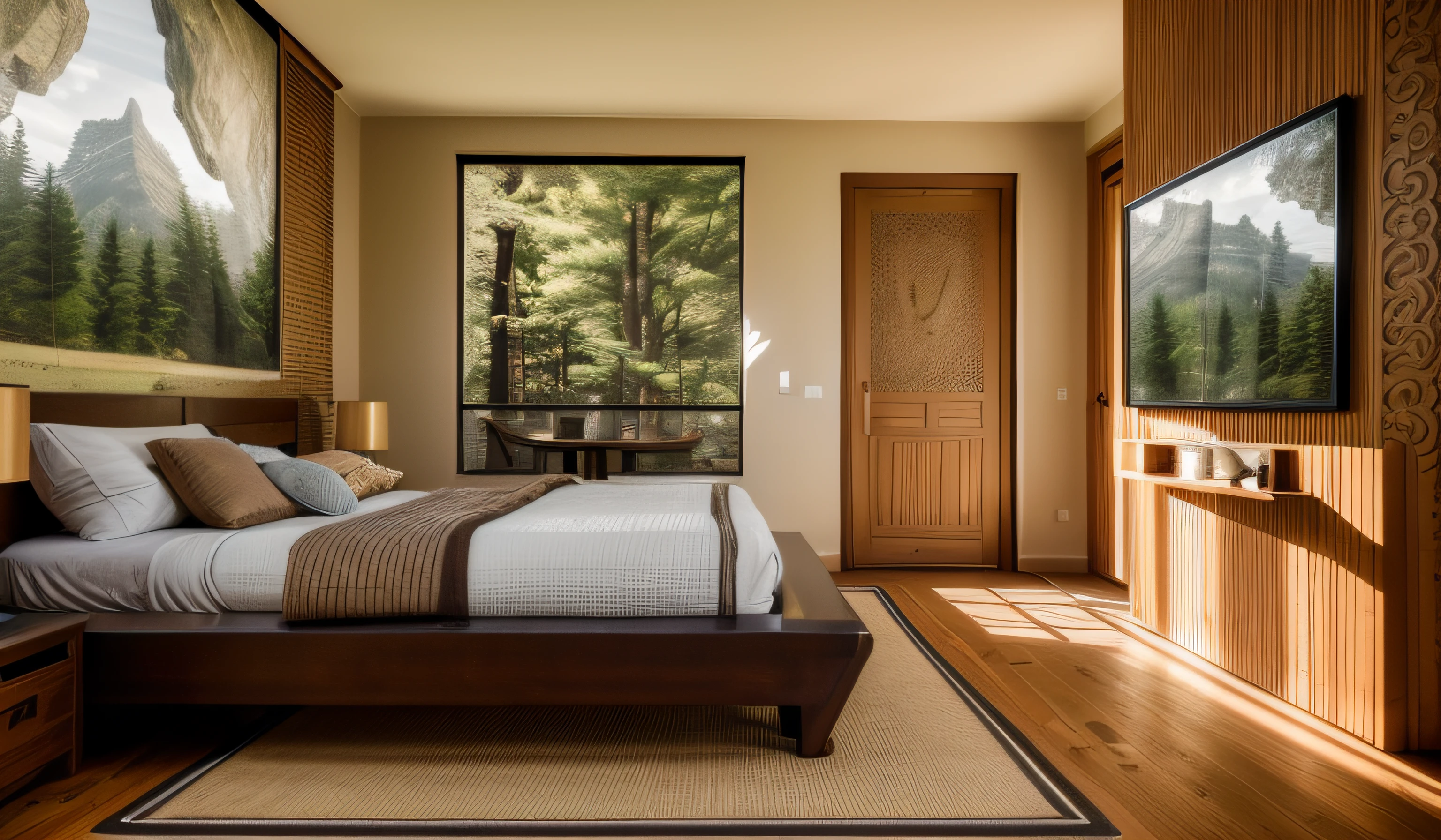 Interior design,insanely detailed wide angle architecture photography, cozy contemporary living room,(bright warm sunlight 1:0.1), award-winning contemporary interior design, scenery, table, chair, indoors, wooden floor, window, restaurant, east asian architecture, sliding doors, lamp, architecture, forest, nature, cup, plant,INTERIOR DESIGN,intersting lights and shadows, Depth of Field,low light, Stone paneled wall at the head of the bed