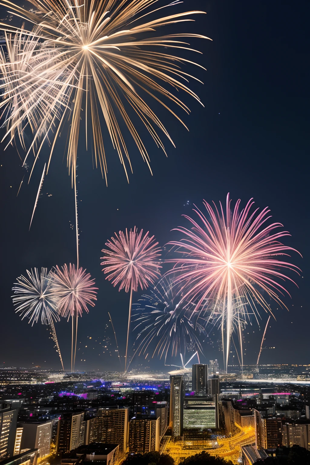 Best Quality, masuter piece, 超A high resolution, (Photorealistic:1.4), Raw photo, Professional Lighting, high-level image quality, high-detail, masterpiece、sparklers、nigh sky、landscapes、nighttime scene、Large-flowered fireworks