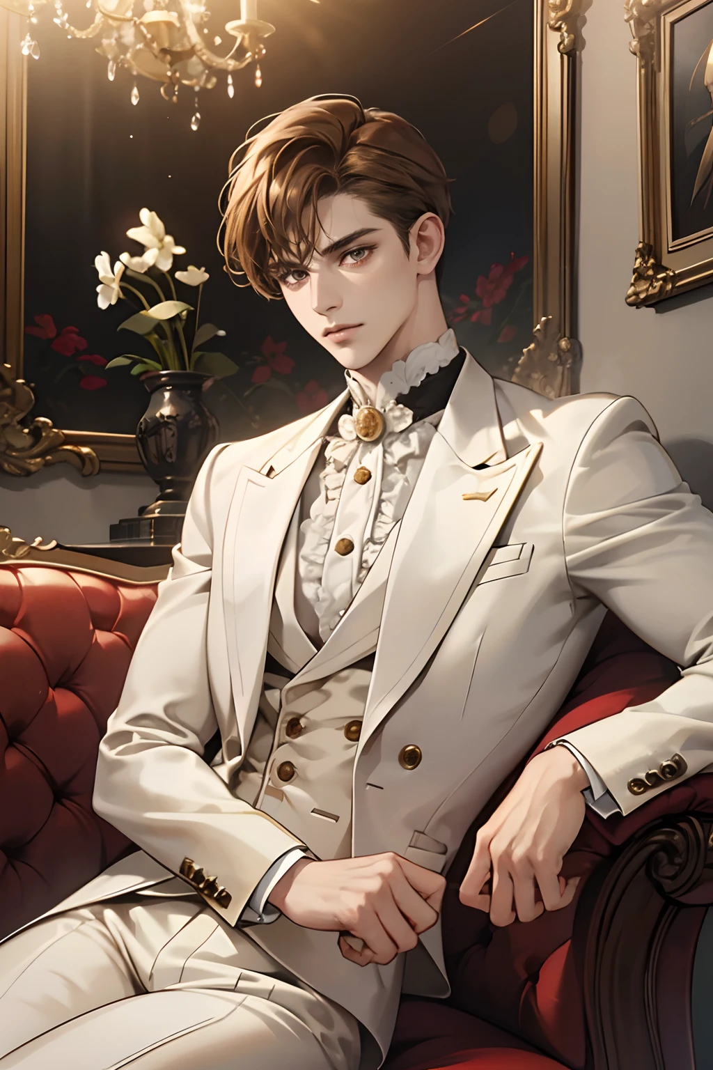 (tmasterpiece, high resolution, ultra - detailed:1.0), (1 boy, Young male), Eyes looking at the camera, Perfect male body, Extremely detailed CG, 8K wallpaper, Complicated details, solo person, ((Deep amber eyes)), ((Light brown hair with short curly edges)), [Thick eyebrows], sitting room, ((White suit)),victorian age,color difference, Depth of field, dramatic shadow, Ray tracing, Best quality, Cinematic lighting, offcial art, Portrait