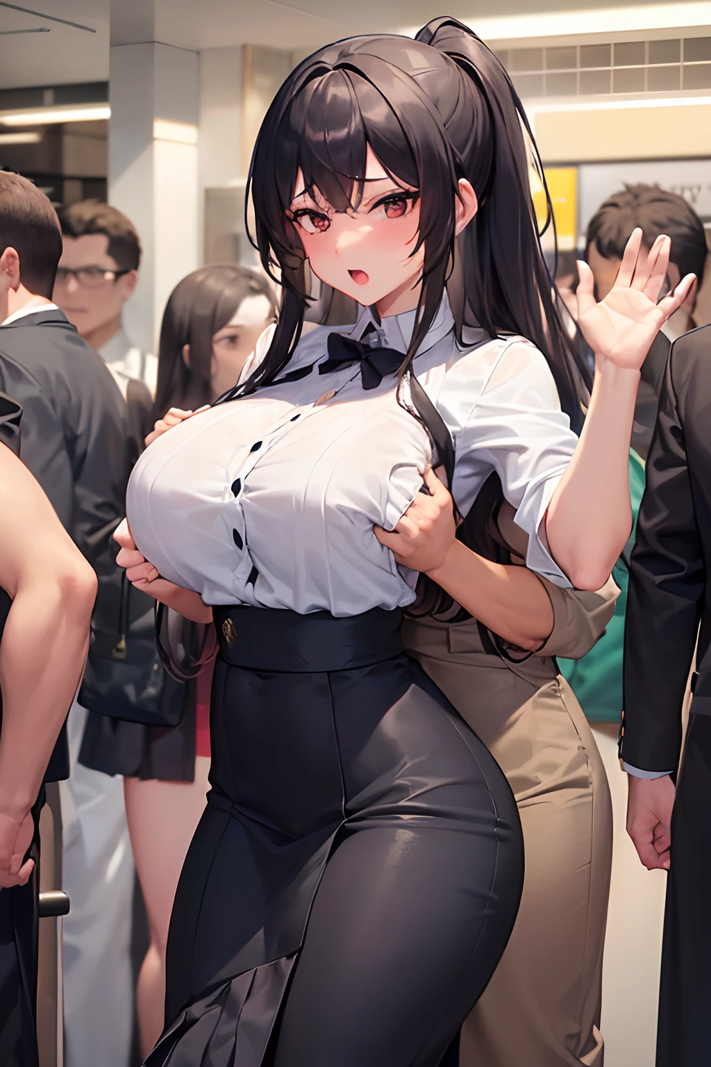 sfv, realisticlying, tmasterpiece, Very busy indoor subway detailed scene, Very crowded subway train interior detailed background, Go bananas (Female 1) American sexy ((校服)), (((The skirt is raised)), (Gerry), (thick), (Fear expression), His face was flushed, Old and young man touches woman 1 from behind,(((The old man pressed his chest against Woman 1's back))) big breasts and big breasts (((Place your waist behind you))),Touch your chest