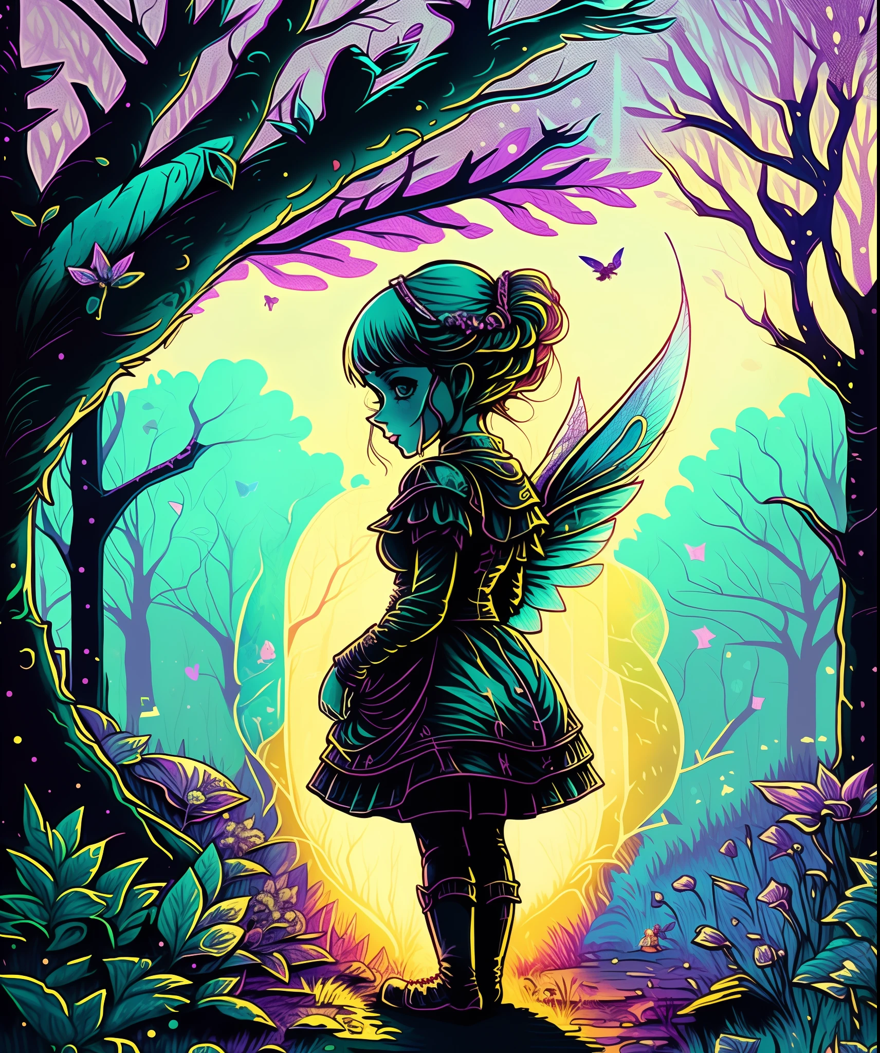 Illustration for a fairy tale about a girl, standing in the woods, who knows how to talk to animals