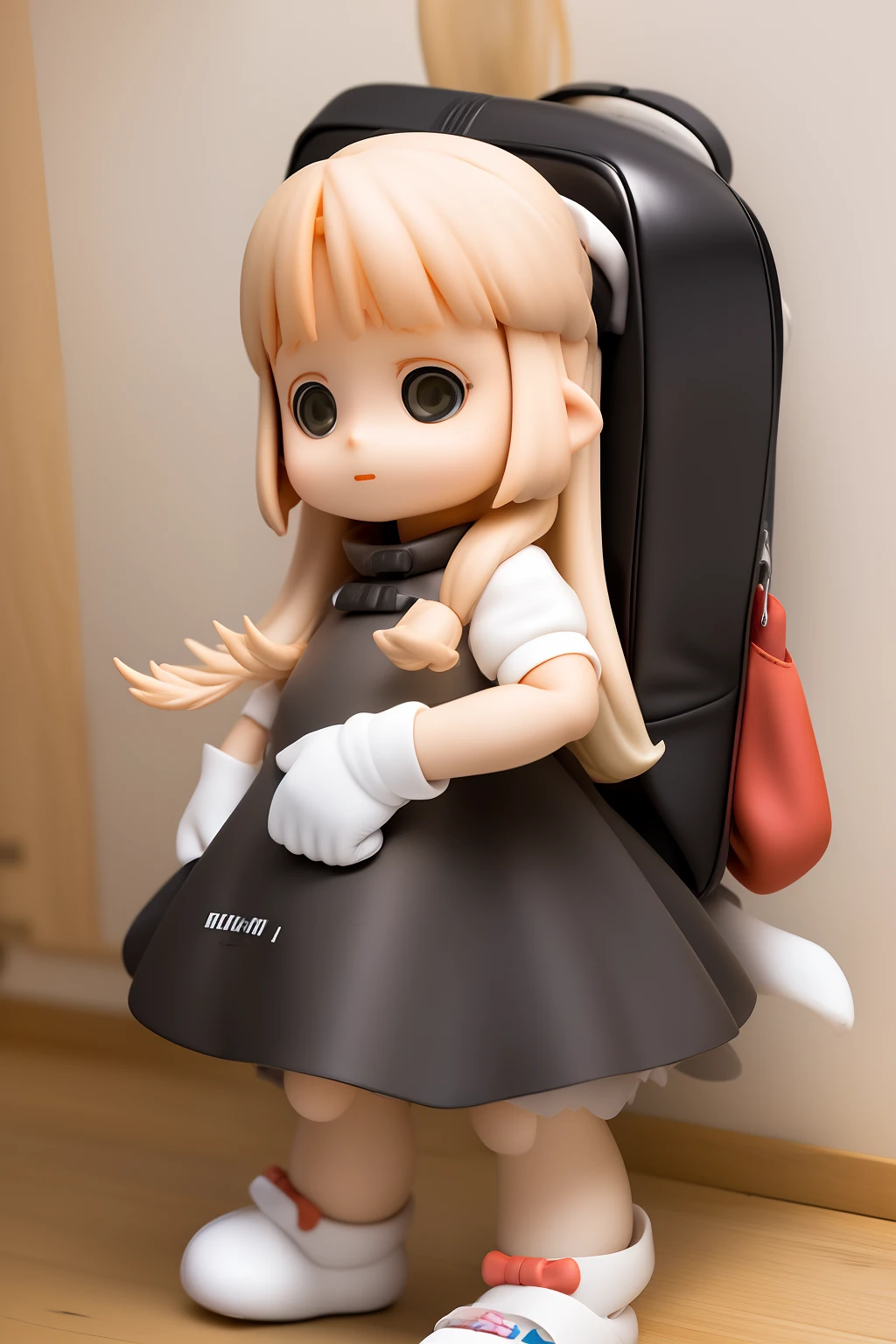 1girl, HOIHOI-SAN, beige hair, long hair, black costume, white apron, headband, gloves, shoes, backpack, LMG,