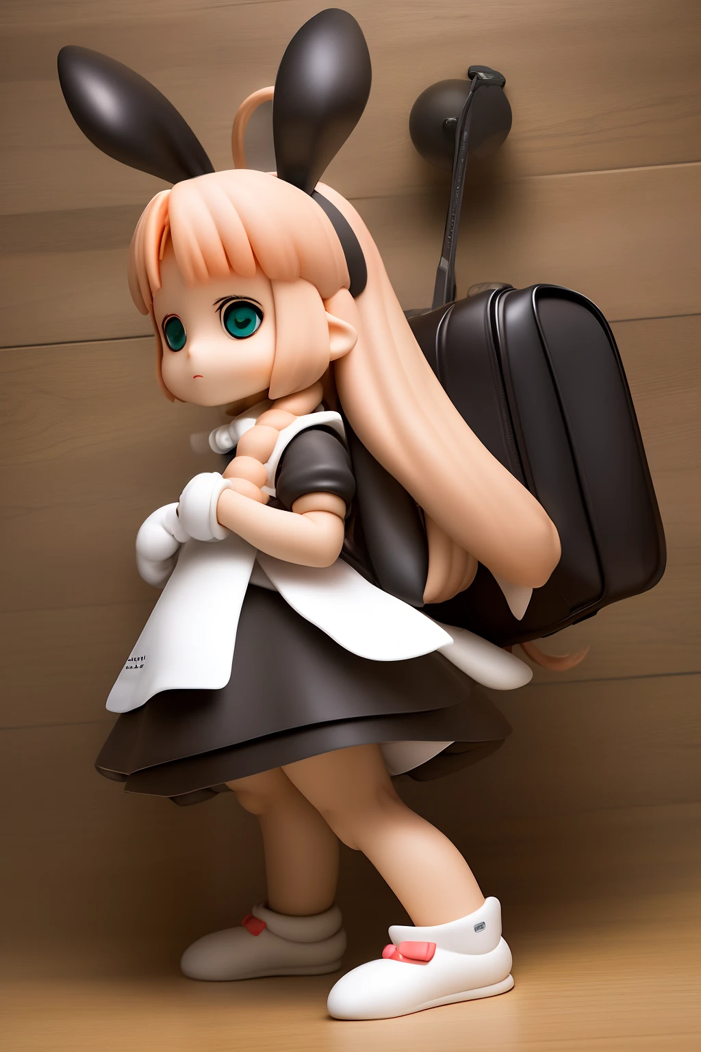 1girl, HOIHOI-SAN, beige hair, long hair, black costume, white apron, bunny ears headband, gloves, shoes, backpack, light-machine-gun,