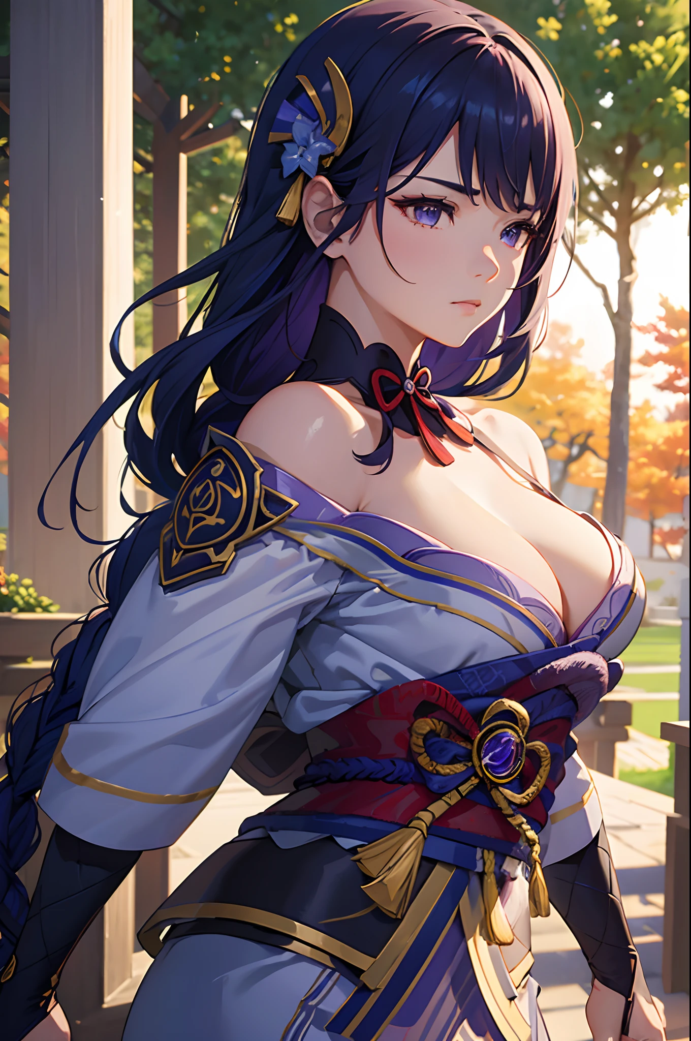 nude raiden shogun,detailed armor and weapons,dynamic pose,electric blue lighting,traditional Japanese samurai,shimmering gold accents,strong muscular physique,stoic expression,ancient temple backdrop,powerful aura,(best quality,4k,8k,highres,masterpiece:1.2),ultra-detailed,(realistic,photorealistic,photo-realistic:1.37),fine art,traditional painting style,vivid color palette,contrasting light and shadow,ethereal atmosphere