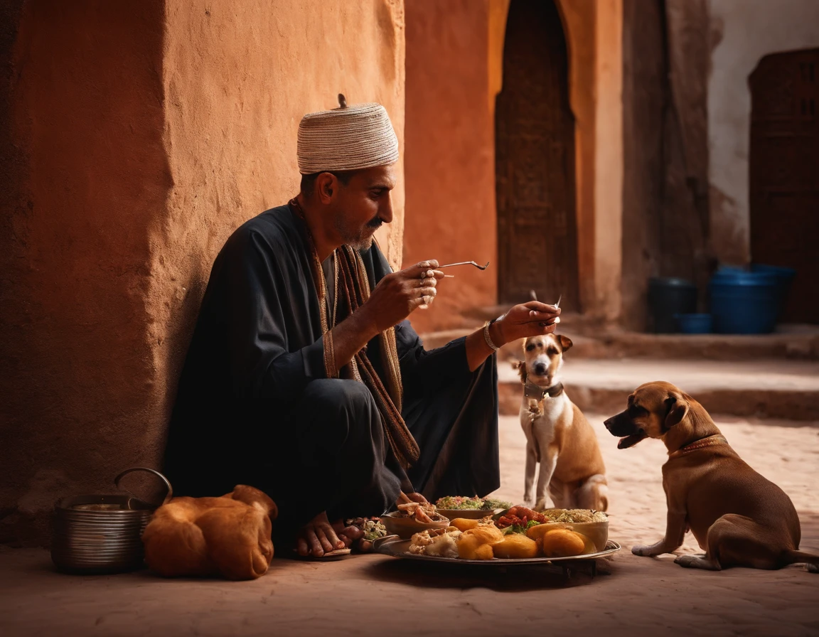A Moroccan man smokes his cigarette and his dog is eating his meal next to him