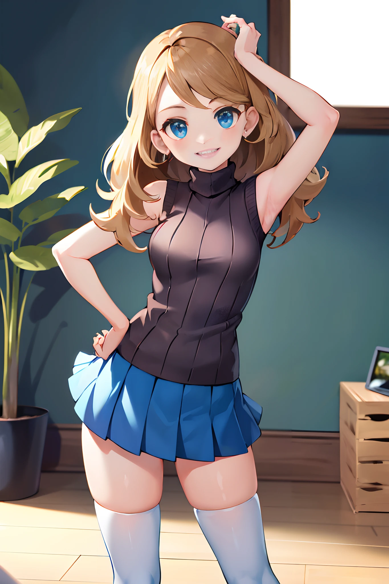 masterpiece, best quality, highres, serena \(pokemon\), long hair, blue eyes, 1girl, solo, sleeveless turtleneck, jewelry, earrings, sweater vest, blue skirt, white thighhighs, eyelashes, red sweater, pleated skirt, bangs, turtleneck sweater, smile, hand on hip, arms behind head, indoors,