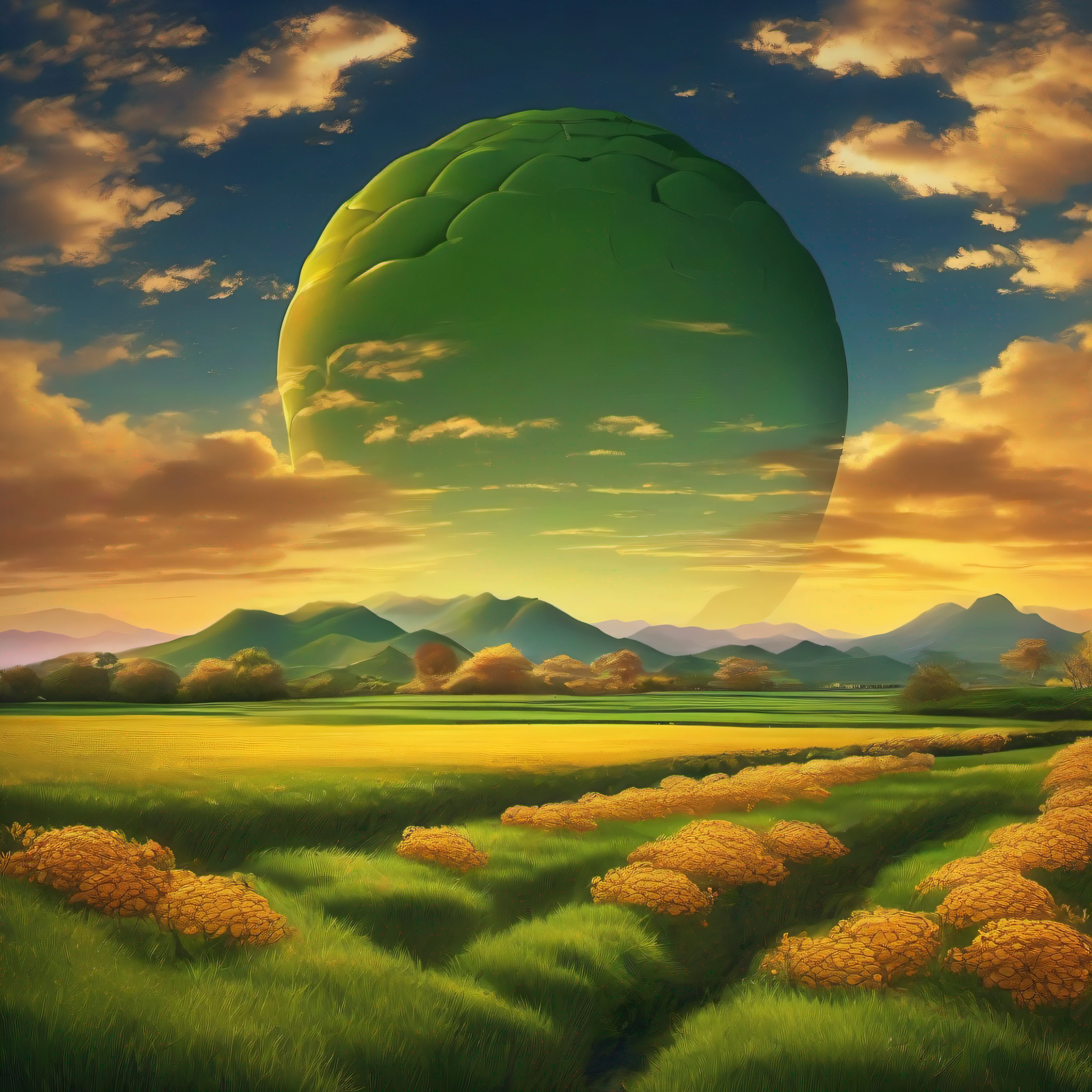 A huge dark green mooncake,(erected),(Side Body)，The surface of the mooncake is smooth and deep，A golden glow that reflects the surroundings。Its size is stunning，It brings stunning visuals。
It is surrounded by endless osmanthus grasslands，Osmanthus flowers on the meadow sway in the breeze。The sun shines softly on the steppe，Illuminate everything with a golden afterglow。The distant horizon outlines the meeting point of heaven and earth，Creates a feeling of spaciousness and openness。