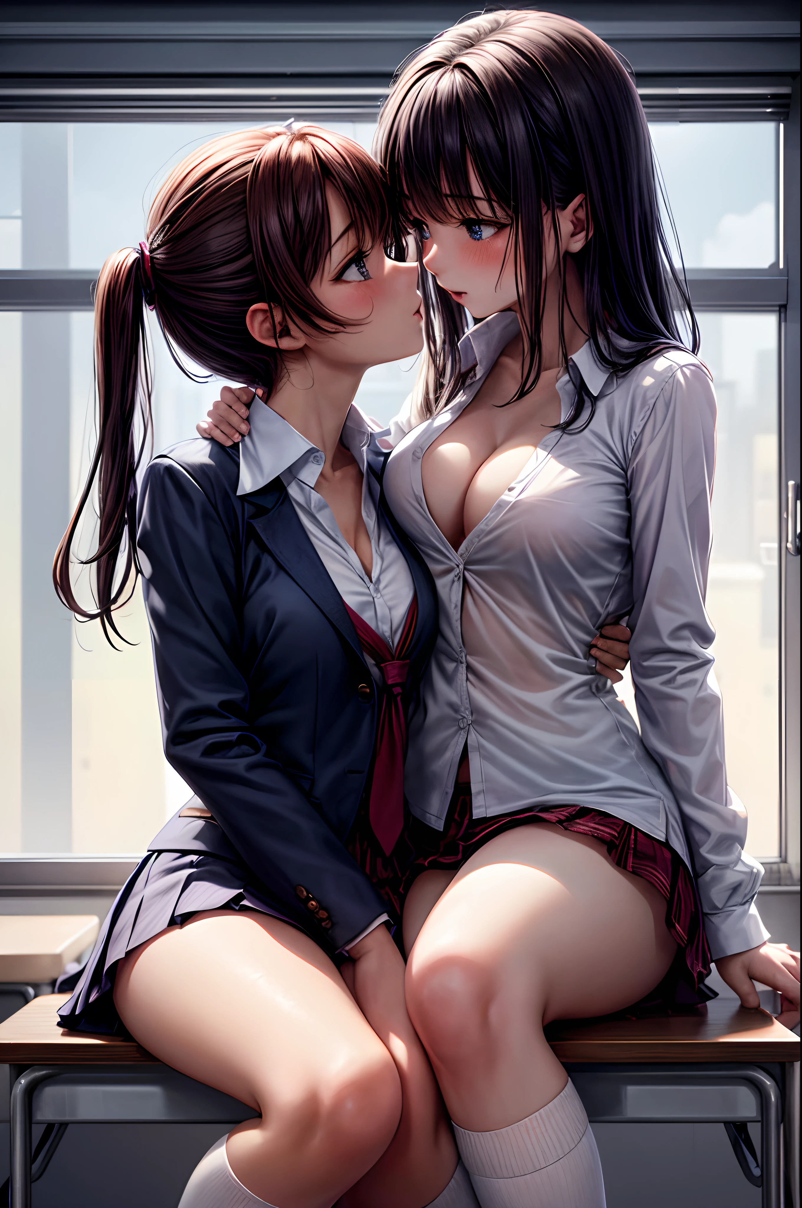 2 women kissing in class, sitting on a desk, ultra hd details, open shirt, topless, breasts touching, in school uniform, 8K, abusurdres, high res, ultrahd, thigh high shinny socks, blushing