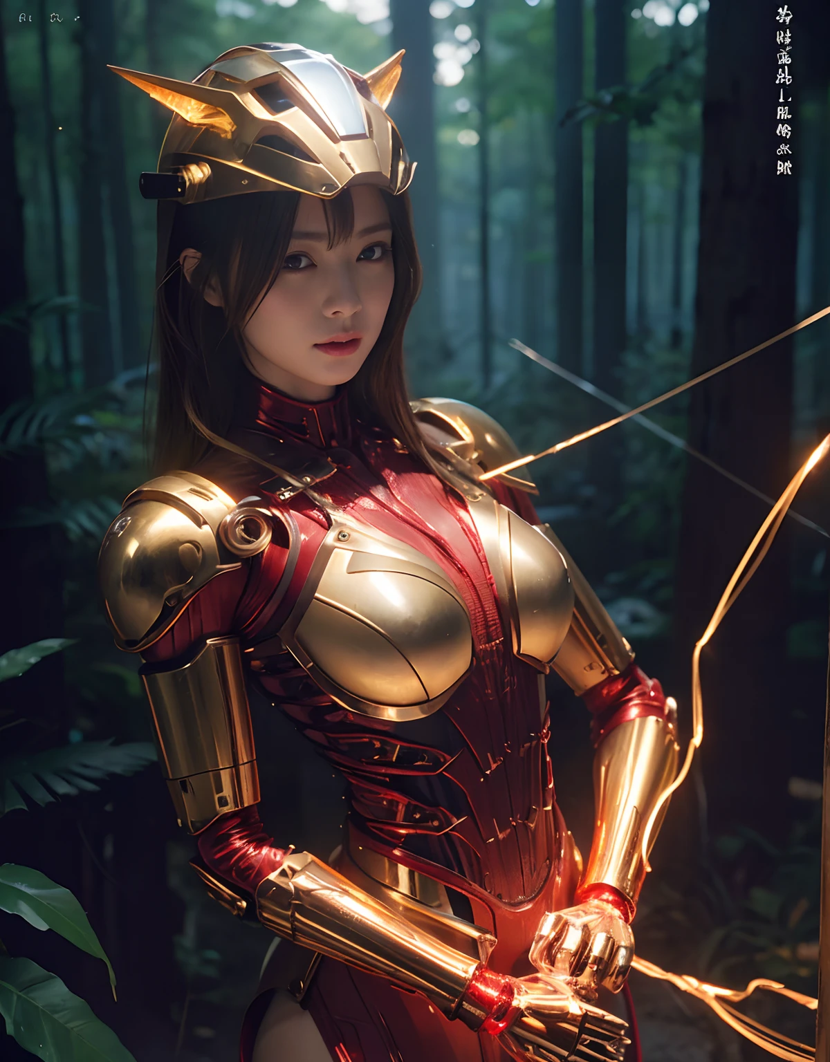 (1 Mechanical Girl)、top-quality、​masterpiece、超A high resolution、(Photorealsitic:1.4)、Raw photo、1人、Golden hair、glowy skin、(((1 Mechanical Girl)))、With a beautiful knife、（Red Metal Bodysuit）、（Please wear a mechanical helmet）、(beautiful forest background)、Precipitous cliffs、(Small LED)、((super realistic details))、portlate、globalillumination、Shadow、octan render、（One-Eyed Scouter）、8K、ultrasharp、Colossal tits、Raw skin is exposed in cleavage、metals、Details of complex ornaments、Japan details、highly intricate detail、Realistic light、CGSoation Trends、Red Eyes、radiant eyes、Facing the camera、neon details、(Mechanical limbs)、(blood vessels connected to tubes)、Mechanical vertebrae attached to the back、mechanical cervical attaching to neck、(Wires and cables connecting to the head)、Gundam、Small LED、,Mechanical thighs、Toostock、（Hands are also made of machines）、（Please wear a mechanical helmet）、