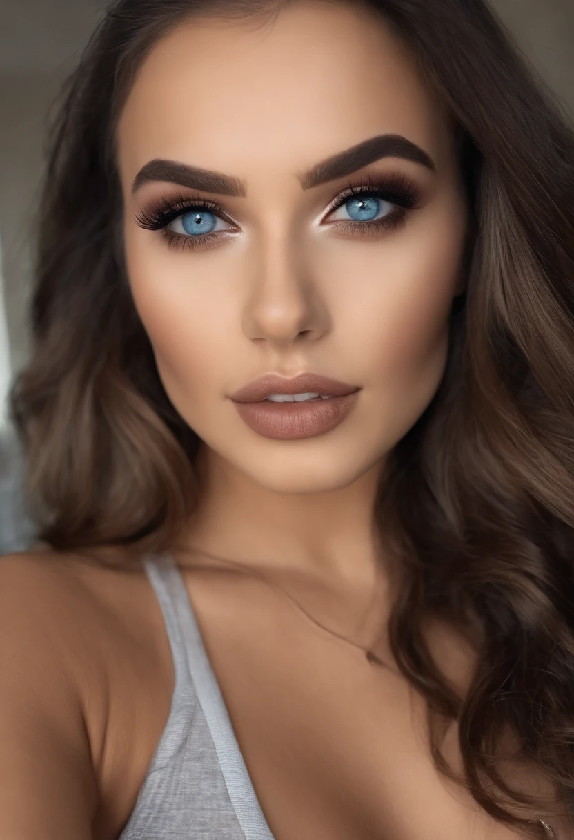 Arafed Mujer totalmente , Chica sexy con ojos azules, ultra realista, meticulosamente detallado, Retrato Sophie Mudd, cabello rubio y ojos grandes, selfie de una mujer joven, Ojos del dormitorio, Violeta Myers, sin maquillaje, Maquillaje natural, staring directly into camera, cara con artgram, maquillaje sutil, Impresionante foto de cuerpo completo arrodillado en la cama, En el dormitorio, Medium to large size bust