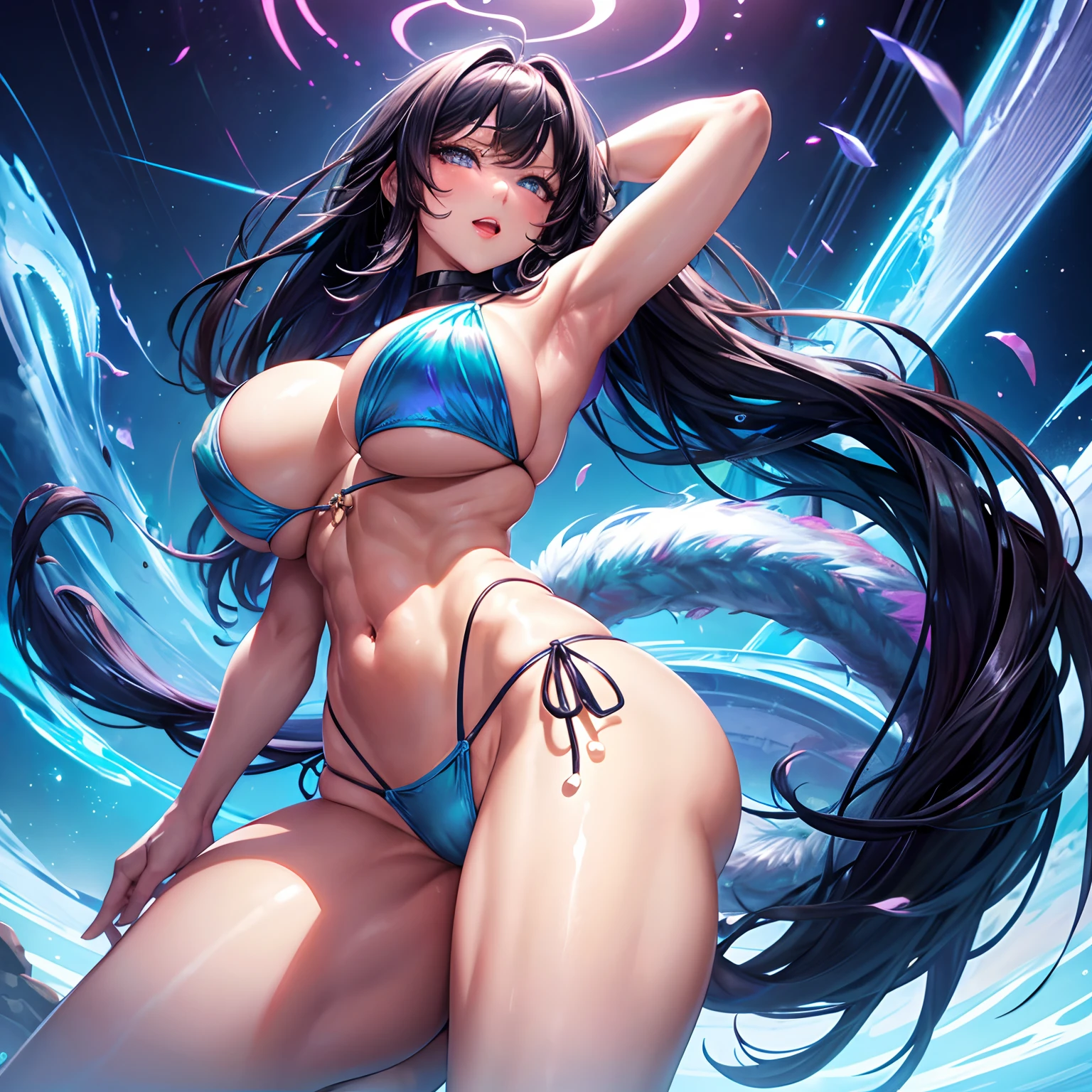 looking back, from below, finest image, a girl, iridescent micro thong bikini, sexy, beautiful, cute, amorous expression, lewd expression, ecstasy, orgasm, huge breasts, under boobs, side boobs, abs, ass, perfect proportion, long thin legs, professional lighting
