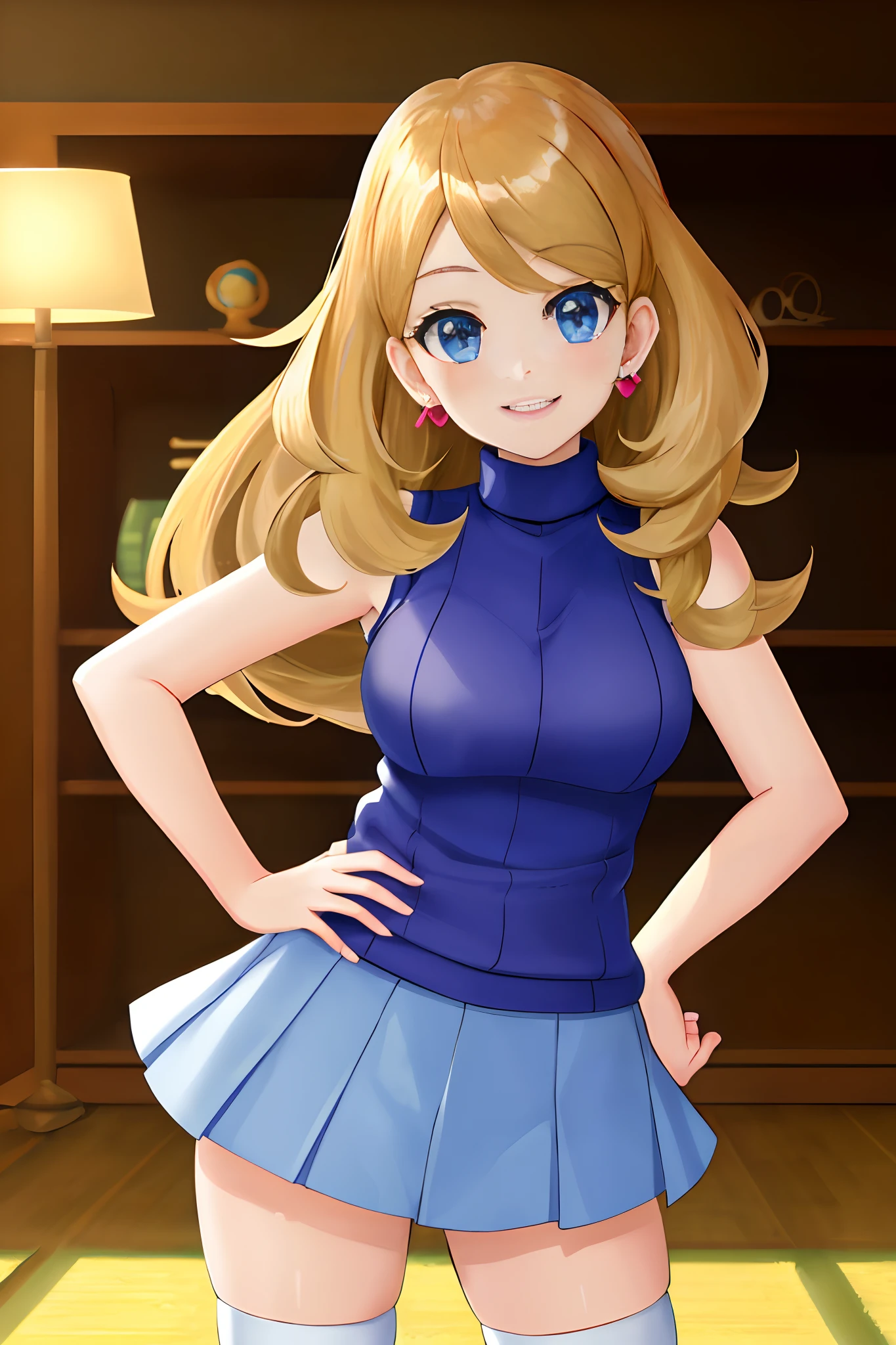 masterpiece, best quality, highres, serena \(pokemon\), long hair, blue eyes, 1girl, solo, sleeveless turtleneck, jewelry, earrings, sweater vest, blue skirt, white thighhighs, eyelashes, red sweater, pleated skirt, bangs, turtleneck sweater, smile, hand on hip, arms behind head, indoors,