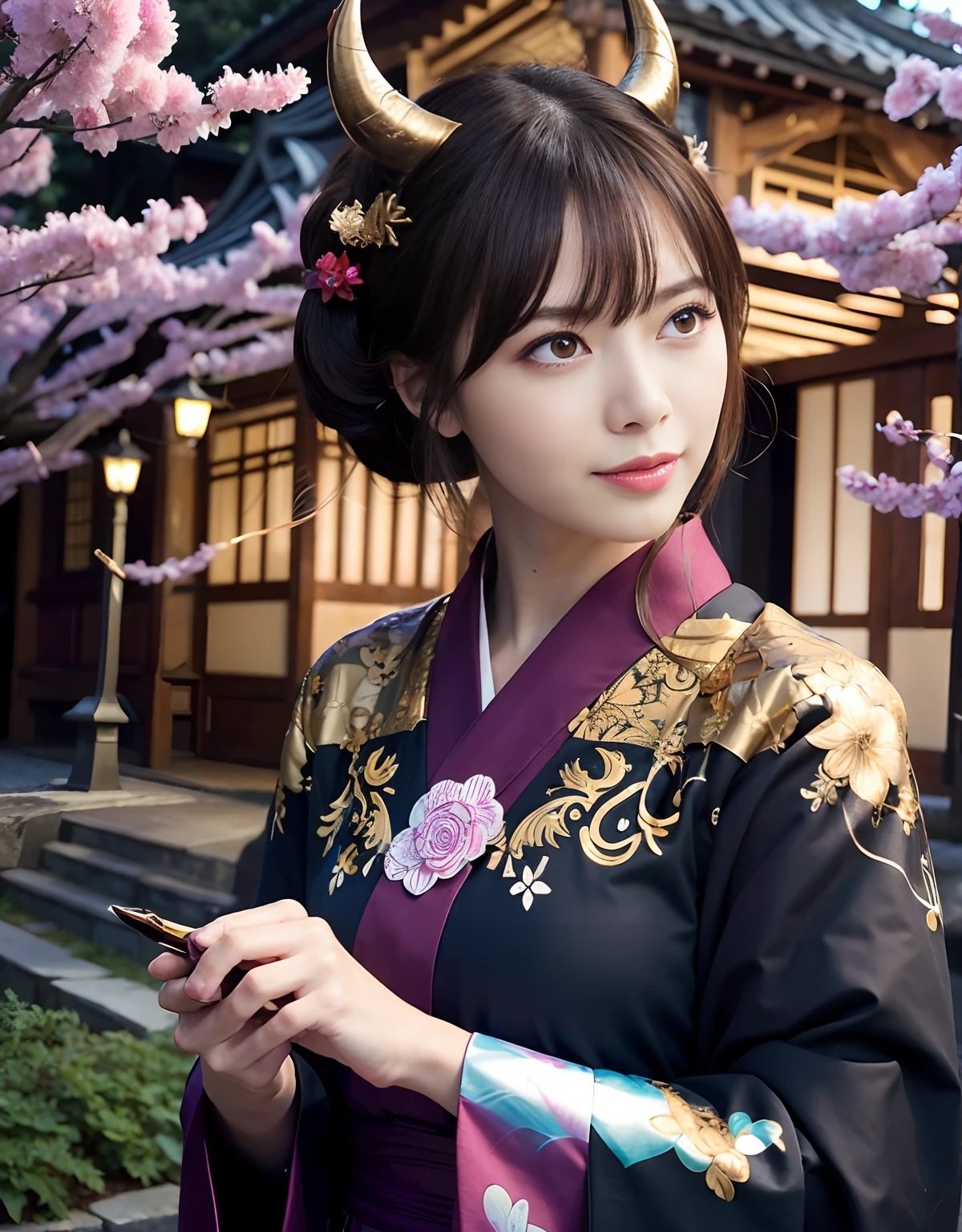 ((World of Darkness)),Professional , ​masterpiece、top-quality、photos realistic , depth of fields 、（sexypose）、(Black maple on the background of full bloom),（Ultimate Beauty）、A dark-haired、Mystical expression、（shrine background)、（Kimono with beautiful pattern）、（Night background）、Beautiful hair ornament on the head、,(intense fighting）,（（Precipitous cliffs））,(Wear a beautiful kimono),（Wear a beautiful kimono with colorful floral patterns）、（Japan Castle Background）、Jewel Gold Weapon、Particles of light),(intense fighting）、Gorgeous gold weapons ,Castle background、（（ Gorgeous Dragon Sword）） , （a dark night）,,（maikurobikini） 、（（Black Haired Beautiful Girl））、（Castle background）、（demonic wings）、（（Gangle's forest background））、Beautiful Caucasian beauty、１a person、dynamic ungle,(((Two devil's horns on the head)))、Smaller head、Idle Smile、Thin and beautiful female hands、Mystical expression、Light Effects、intense fighting、Wind-effect、magic circles、With the legendary magic wand、Dragon's tail、