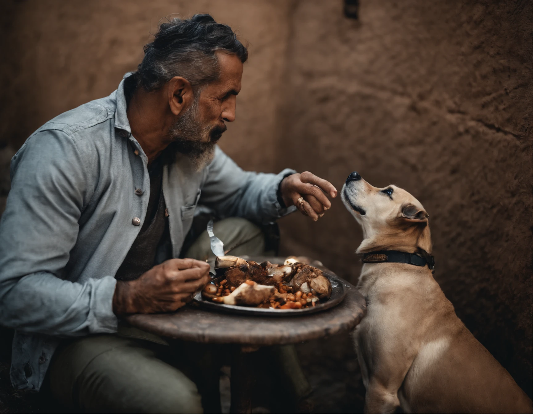 A Moroccan man smokes his cigarette and his dog is eating his meal next to him