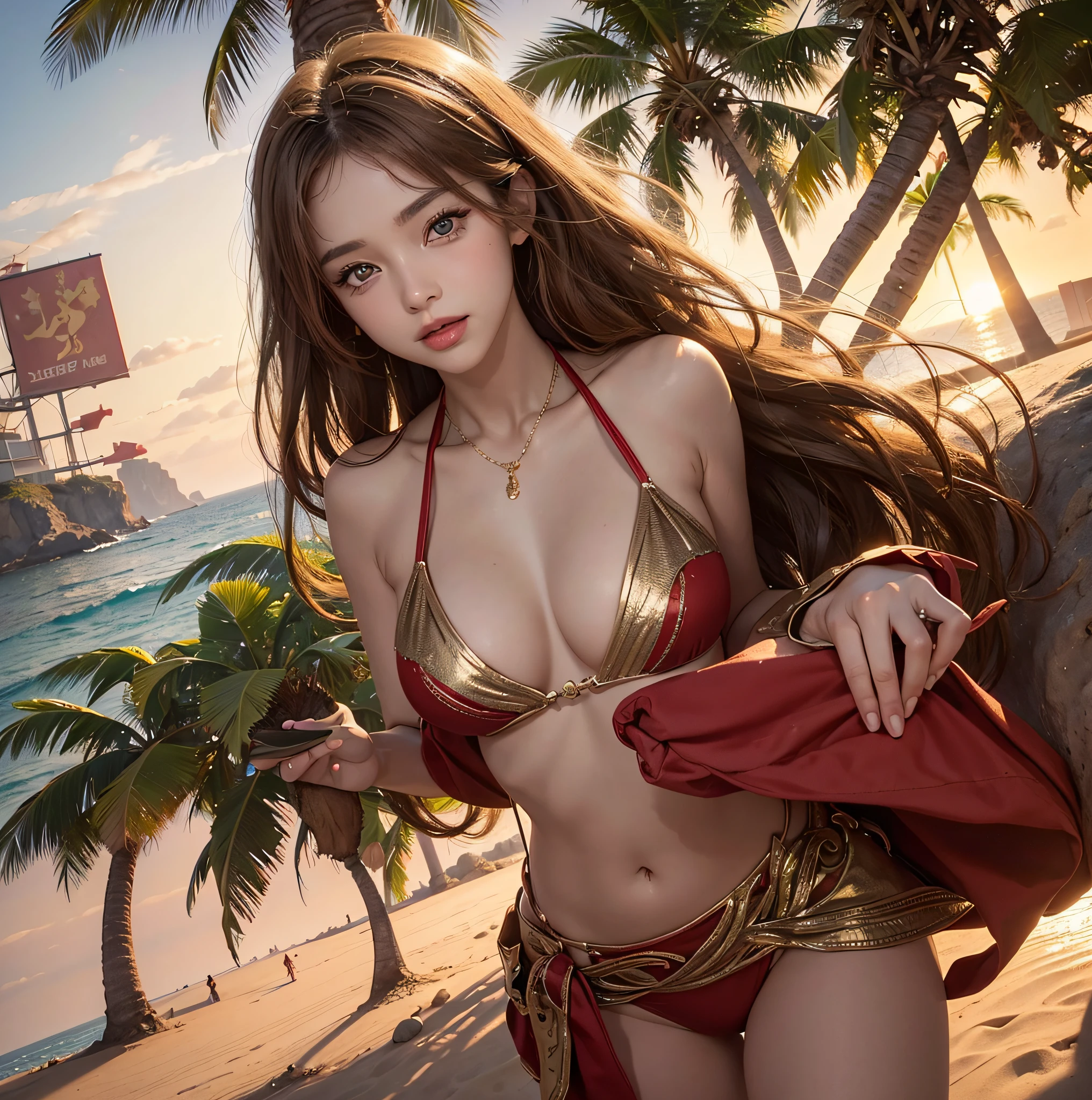 (Red and gold bikini:1.1), Beautiful beach with palm trees in the background, cleavage of the breast, (Light brown eyes:1.2), Blonde hair, Left and right symmetrical eyes, symbol-shaped pupils, wide eyes, longeyelashes, Solid Circle Eyes, makeup, (Laughing), surrealism, Hyper-Realism, Verism, depth of fields, nffsw, masutepiece, ccurate, Anatomically correct, Textured skin, Super Detail, high details, High quality, Best Quality, hight resolution, 1080p, hard disk, 4K, in 8K