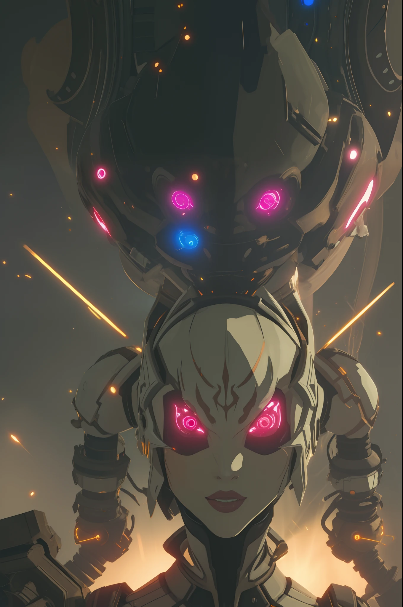 Super hyperdetail closeup female android face surrealisticly mechanized. Fluorescent, shiny surface. Glowing electric fractured lights in cracks. Flourish lights, very detailed botw style
