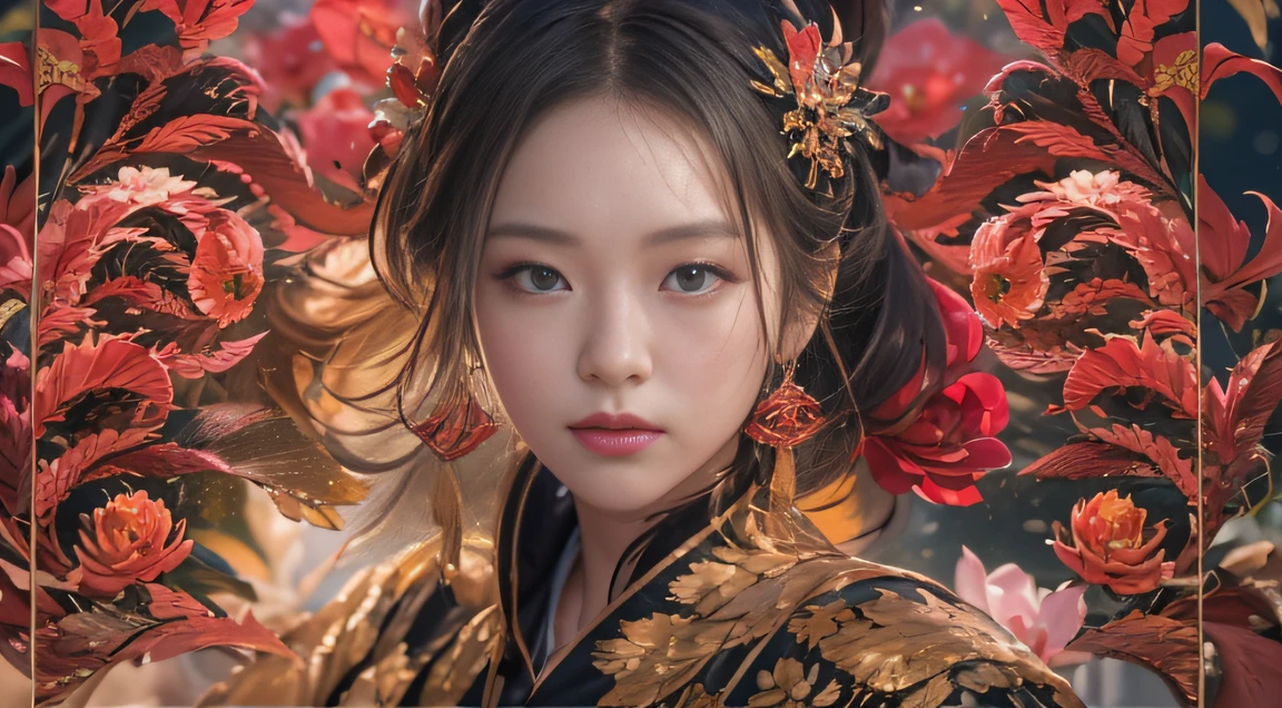 32K（tmasterpiece，k hd，hyper HD，32K）Large curls，Flowing rouge，ponds，zydink， a color，  Asian people （Silly girl）， （Silk scarf）， Combat posture， looking at the ground， Large rolls of rouge， Flowing rouge curls，Red onyx emerald emerald headdress， Chinese long-sleeved black gold garment， （abstract ink splash：1.2）， Pink lotus background，Water lily flower protector（realisticlying：1.4），Rouge hair，Autumn is in full swing，The background is pure， A high resolution， the detail， RAW photogr， Sharp Re， Nikon D850 Film Stock Photo by Jefferies Lee 4 Kodak Portra 400 Camera F1.6 shots, Rich colors, ultra-realistic vivid textures, Dramatic lighting, Unreal Engine Art Station Trend, cinestir 800，Large curls，Flowing rouge