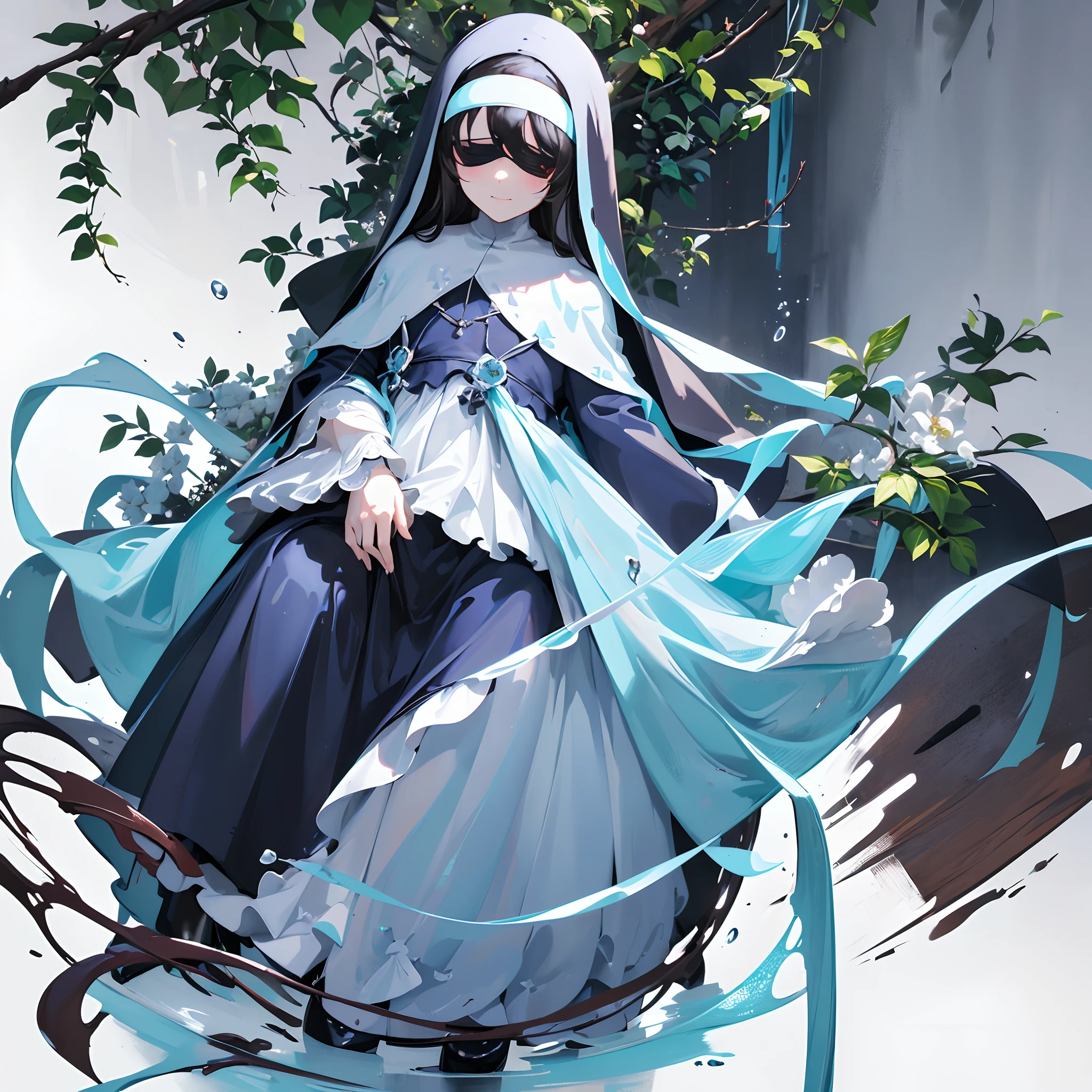 (((Nun in floral light blue clothes ,Evil sensual smile,Wearing a blindfold,a closed mouth,One lady,Flower wand,Wearing a hood,Smaller chest, fullllbody,Surrounded by plants around))),fullllbody,without background,1 Young Women, Hooded clothing,striated hair, eye reflections, high detal, Gothic art, barroco, motion-blur, Ray traching, reflective light, multiple views, Perspective, ultra wide-angle, ​masterpiece, Anatomically correct, Textured Leather, Super Detail, high details, hightquality, Better Quality,cherry trees,hortensia