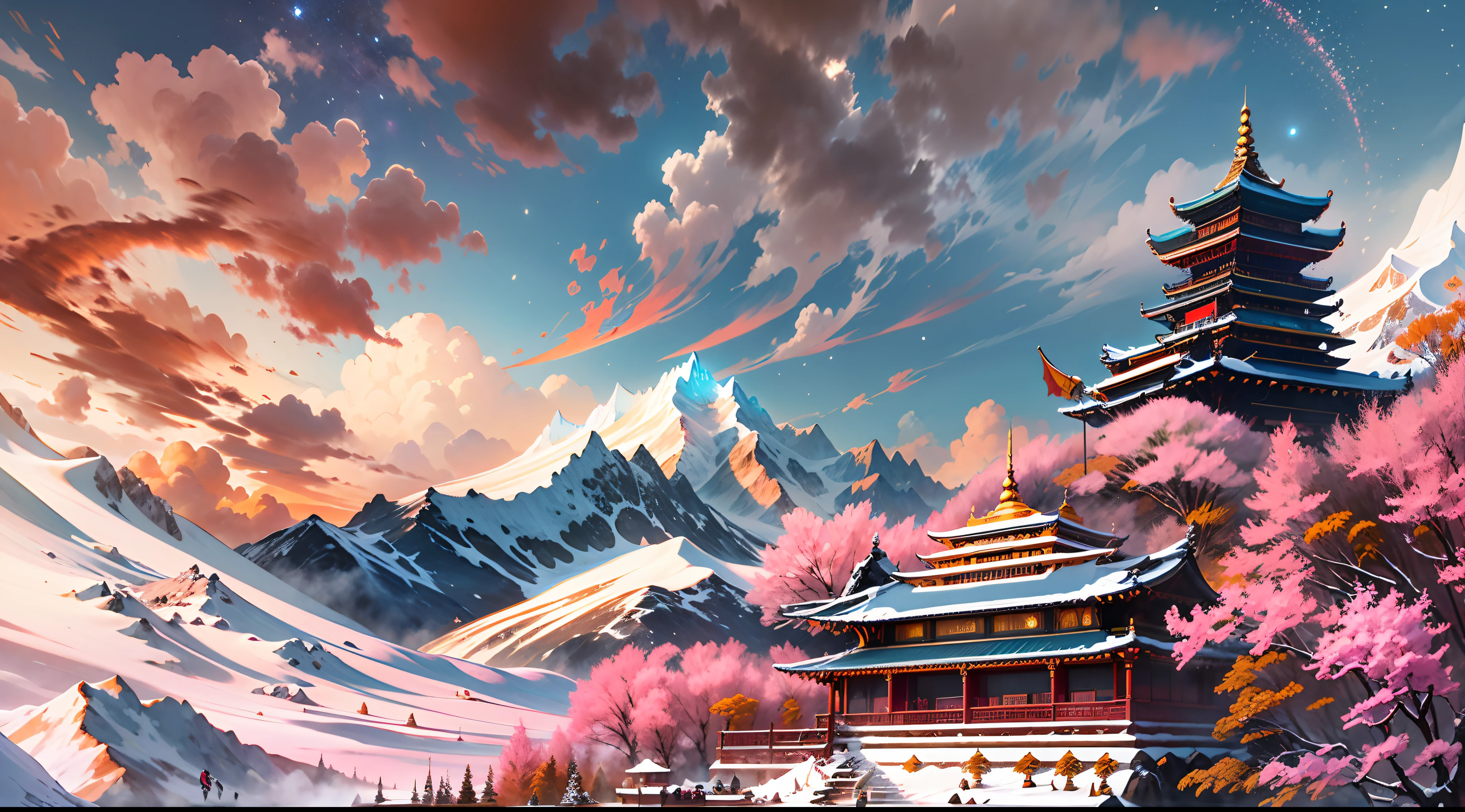 Himalayas，Mountain tops，Covered with snow，heavy snowy，Spectacular views，The mysterious city of Shangri-La hidden in the snow-capped mountains，Artistic urban architecture，Golden complex，High-tech and artistic beauty are unified，Chinese climbers waving red flags，Standing in front of Shangri-La，Watch the bright moon and stars in the sky，Huge spaceships appeared in the sky，Detailed details，Rich in color，Colorful，high saturated，Use Pixai to bring powerful AI models to life, Show the limitless creativity and possibilities of our imagination. Experience the future of the cityscape at Pixai，Immerse yourself in a visionary world of art