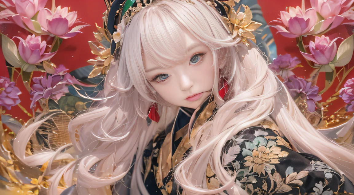 32K(tmasterpiece,k hd,hyper HD,32K)Large curls,Flowing rouge,ponds,zydink, a color, Asian people (Afraid of girls), (Silk scarf), Combat posture, looking at the ground, Large rolls of rouge, Flowing rouge curls,Red onyx emerald emerald headdress, Chinese long-sleeved black gold garment, (abstract ink splash:1.2), Pink lotus background,Water lily flower protector(realisticlying:1.4),Rouge hair,Autumn is in full swing,The background is pure, A high resolution, the detail, RAW photogr, Sharp Re, Nikon D850 Film Stock Photo by Jefferies Lee 4 Kodak Portra 400 Camera F1.6 shots, Rich colors, ultra-realistic vivid textures, Dramatic lighting, Unreal Engine Art Station Trend, cinestir 800,Large curls,Flowing rouge