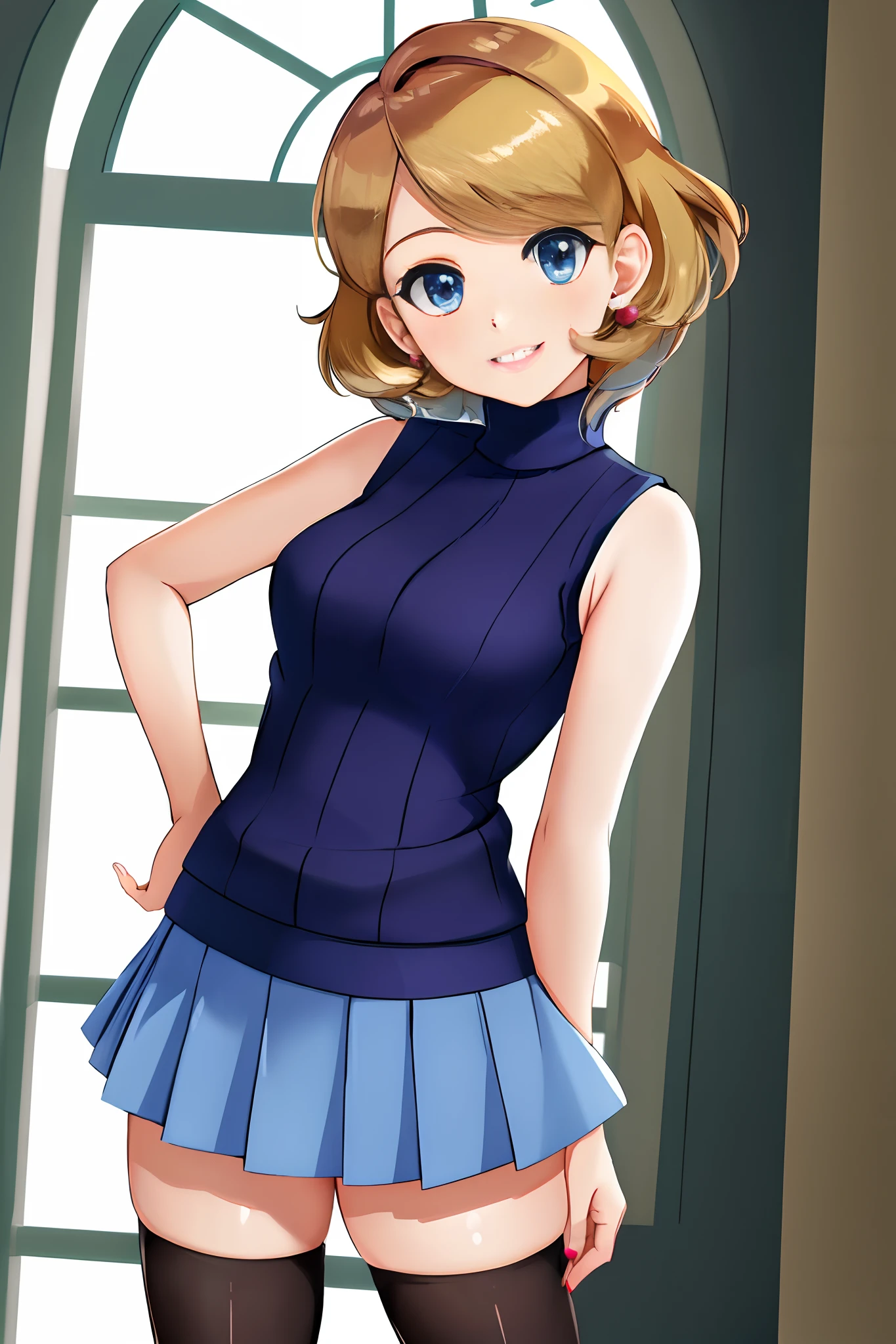 masterpiece, best quality, highres, serena \(pokemon\), short hair, blue eyes, 1girl, solo, sleeveless turtleneck, jewelry, earrings, sweater vest, blue skirt, white thighhighs, eyelashes, red sweater, pleated skirt, bangs, turtleneck sweater, smile, hand on hip, arms behind head, indoors,