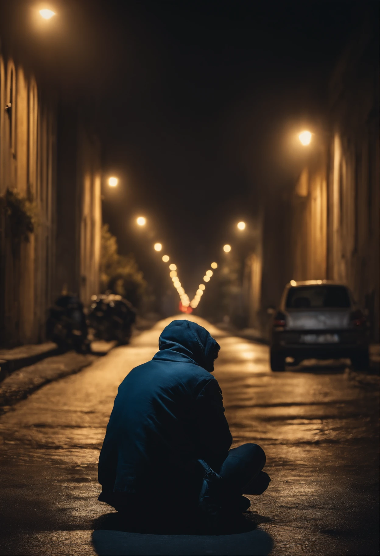 A man as homeless,35years old,a place in the town,dark time,under the moonlight.third person view,sitting on the road.hight quality,8k resolution,sad image.