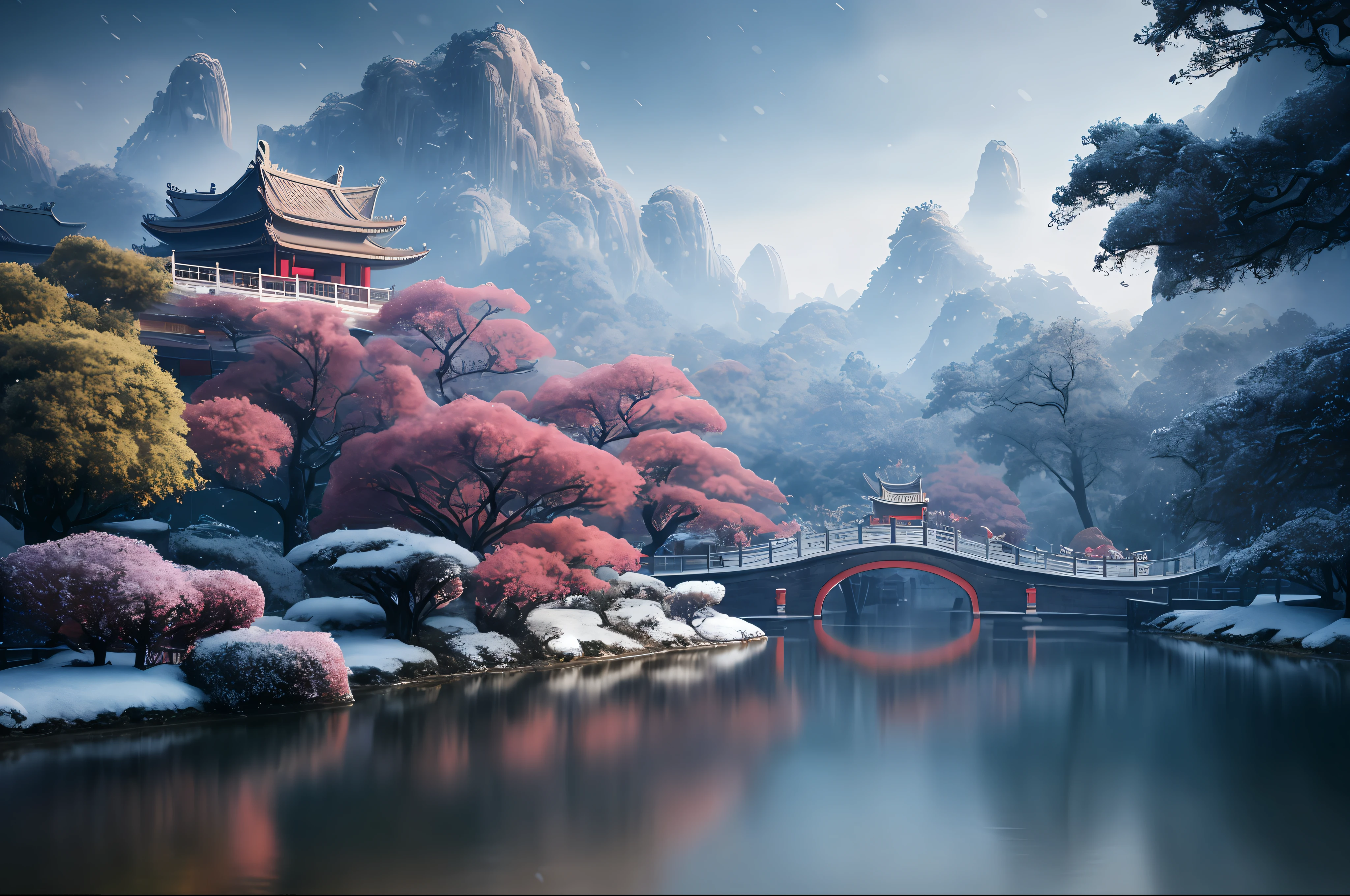 masterpiece, best quality, high quality, extremely detailed CG unity 8k wallpaper, classical chinese garden, scenery, amsterdam, winter,((snowing)),outdoors, sky, day, landscape, water, tree, blue sky, waterfall, nature, lake, river, cloudy sky,award winning photography, Bokeh, Depth of Field, HDR, bloom, Chromatic Aberration ,Photorealistic,extremely detailed, trending on artstation, trending on CGsociety, Intricate, High Detail, dramatic, art by midjourney