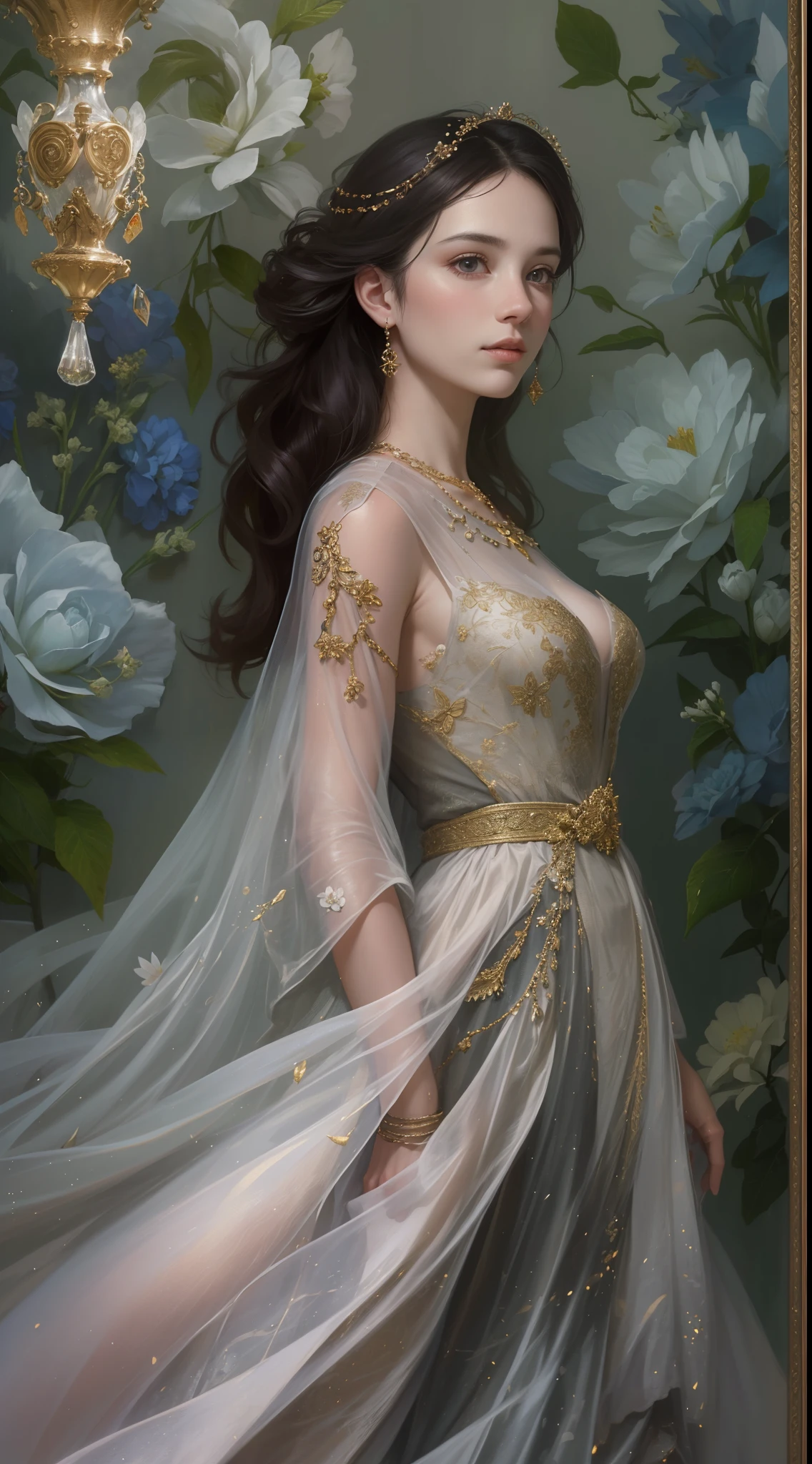 (Best quality,8K,A high resolution,Masterpiece:1.2),Ultra-detailed,(Realistic,Photorealistic,photo-realistic:1.37),Portrait,Creative style artwork,Historical,classical,Sophisticated,plethora of colors,Highly detailed,Soft lighting,luxurious environment,detailed gown,Vibrant flowers,detailed jewellery,Ethereal atmosphere,Elegant Pose,Graceful curves,Gold body proportions，Flowing hair,Breathtaking textile patterns,Harsh purple eyes,Delicate floral decoration,A dazzling array of crystal accessories,Mysterious and dreamy atmosphere,Impeccable attention to detail.