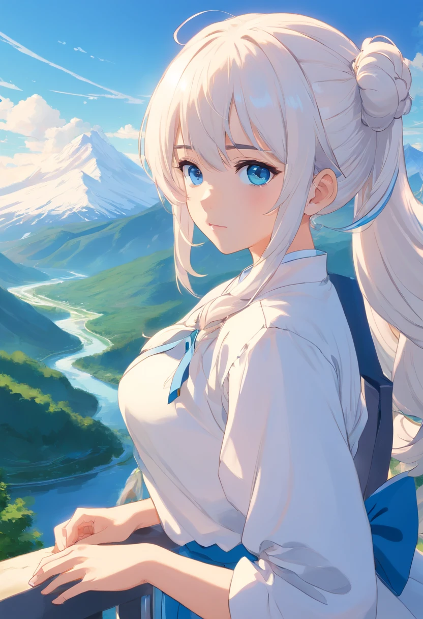 White color hair，Double ponytail curls，blue color eyes，White Lolita，Beth，The mountains and rivers of the national style