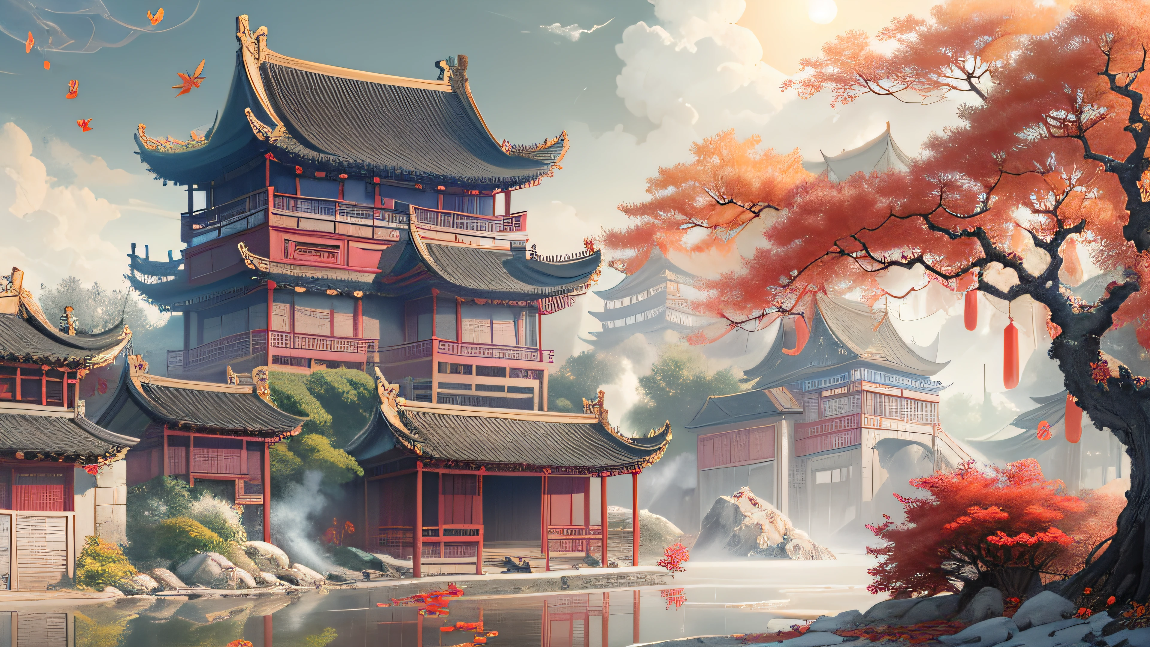 Rendering in surreal CG ancient China,Jiangnan ancient buildings and ancient towns have Yaolin wonderland,The smoke is fascinating,day time,sun,Maple leaves and milk leaves are trees,snow landscape,k hd