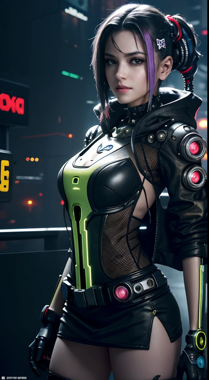 motor irreal:1.4,UHD,La mejor calidad:1.4, fotorrealista:1.4, textura de la piel:1.4, obra maestra:1.8, 1 chica cyberpunk, cabello negro, piel brillante, 1 Yellow Mechanical Girl, (Super realistic details)), cuerpo completo, global ilumination, contraste, Umbroso, Renderizado de octanaje, ultrasharp, escote expuesto, Piel cruda,miniskirt yellow, Metal,Intricate yellow decoration details, Japan details, Alto intrincado detallado, luz realista, Tendencias en CG, in front of camera, neon details, mechanical limbs, Blood Vessels Attached to Tubes, Mechanical vertebrae attached to the back, mechanical cervical attachment to the neck, alambres y cables que se conectan a la cabeza, Gundam, small LED lamps.14 Years Old Girl、cabello plateado、Pupilas perfectamente redondas、Iris tremendoディテール, sonrisa ligera,(cyberpunk:1.3)