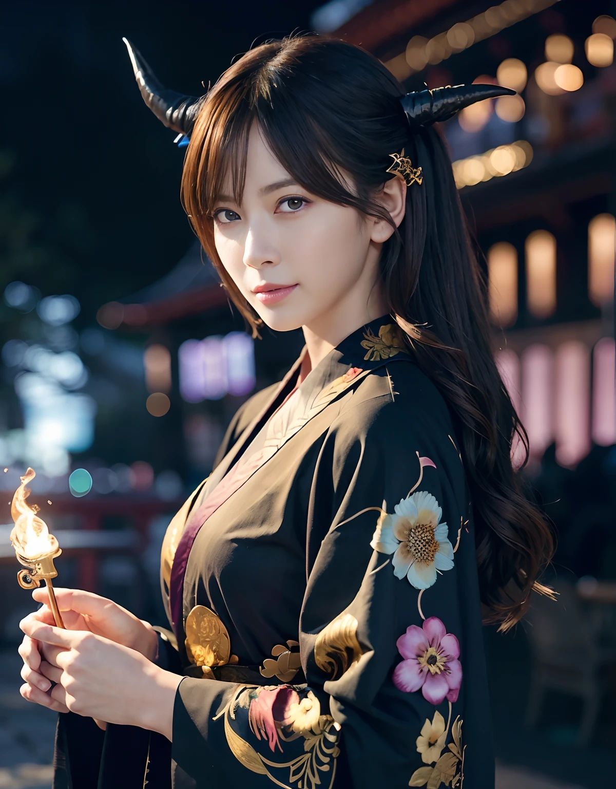 ((World of Darkness)),Professional , ​masterpiece、top-quality、photos realistic , depth of fields 、（sexypose）、(Black maple on the background of full bloom),（Ultimate Beauty）、A dark-haired、Mystical expression、（shrine background)、（Kimono with beautiful pattern）、（Night background）、Beautiful hair ornament on the head、,(intense fighting）,（（Precipitous cliffs））,(Wear a beautiful kimono),（Wear a beautiful kimono with colorful floral patterns）、（Japan Castle Background）、Jewel Gold Weapon、Particles of light),(intense fighting）、Gorgeous gold weapons ,Castle background、（（ Gorgeous Dragon Sword）） , （a dark night）,,（maikurobikini） 、（（Black Haired Beautiful Girl））、（Castle background）、（demonic wings）、（（Gangle's forest background））、Beautiful Caucasian beauty、１a person、dynamic ungle,(((Two devil's horns on the head)))、Smaller head、Idle Smile、Thin and beautiful female hands、Mystical expression、Light Effects、intense fighting、Wind-effect、magic circles、With the legendary magic wand、Dragon's tail、