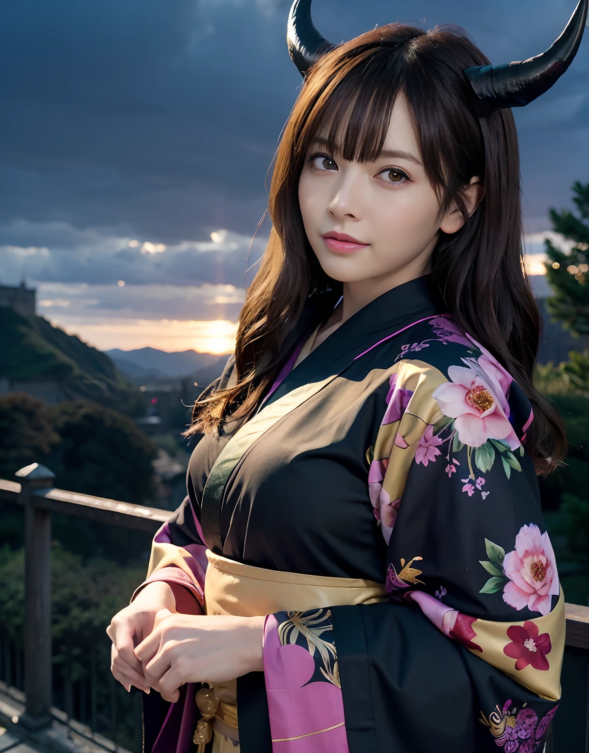 ((World of Darkness)),Professional , ​masterpiece、top-quality、photos realistic , depth of fields 、（sexypose）、(Black maple on the background of full bloom),（Ultimate Beauty）、A dark-haired、Mystical expression、（shrine background)、（Kimono with beautiful pattern）、（Night background）、Beautiful hair ornament on the head、,(intense fighting）,（（Precipitous cliffs））,(Wear a beautiful kimono),（Wear a beautiful kimono with colorful floral patterns）、（Japan Castle Background）、Jewel Gold Weapon、Particles of light),(intense fighting）、Gorgeous gold weapons ,Castle background、（（ Gorgeous Dragon Sword）） , （a dark night）,,（maikurobikini） 、（（Black Haired Beautiful Girl））、（Castle background）、（demonic wings）、（（Gangle's forest background））、Beautiful Caucasian beauty、１a person、dynamic ungle,(((Two devil's horns on the head)))、Smaller head、Idle Smile、Thin and beautiful female hands、Mystical expression、Light Effects、intense fighting、Wind-effect、magic circles、With the legendary magic wand、Dragon's tail、