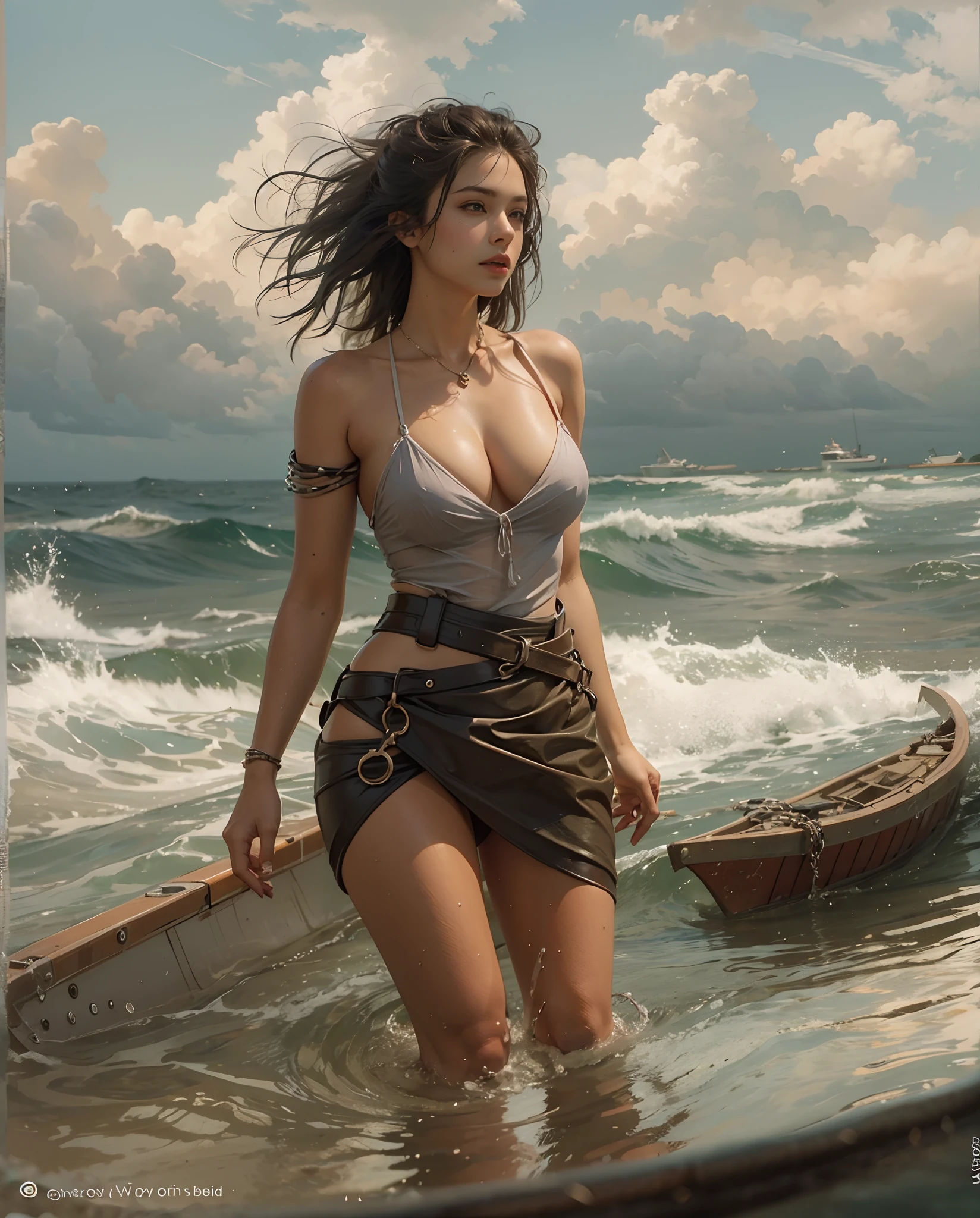 A sexy beautiful woman stranded on a rawboat, realistic