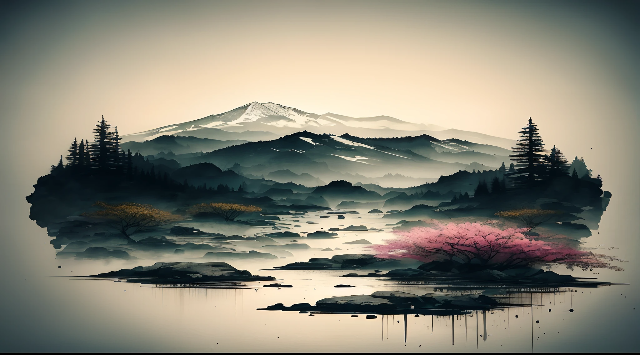 white background, scenery, ink, mountains, water, trees