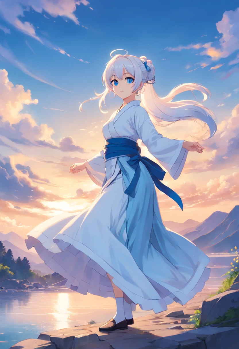 White color hair,Double ponytail curls,blue color eyes,White ta,White silk Hanfu,The mountains and rivers of the national style,All with black stocking feet,
