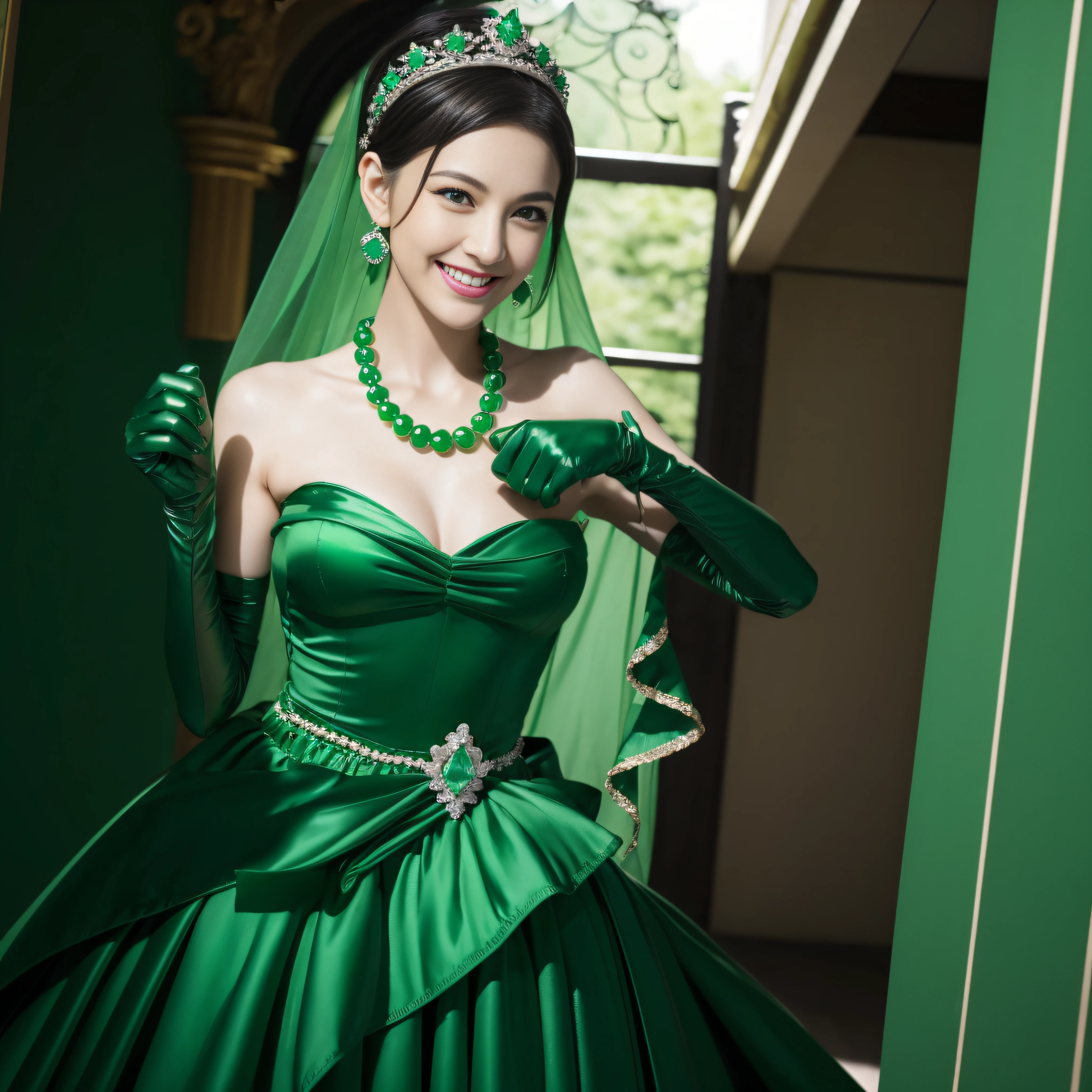 emerald tiara, Green Pearl Necklace, Boyish very short green hair, lipsticks, Japan woman smiling, very short short hair, fist, big breasts beautiful, Green eyes, Long green gloves made of satin material, Green eyes, Emerald Earrings, lesbian ,the kiss