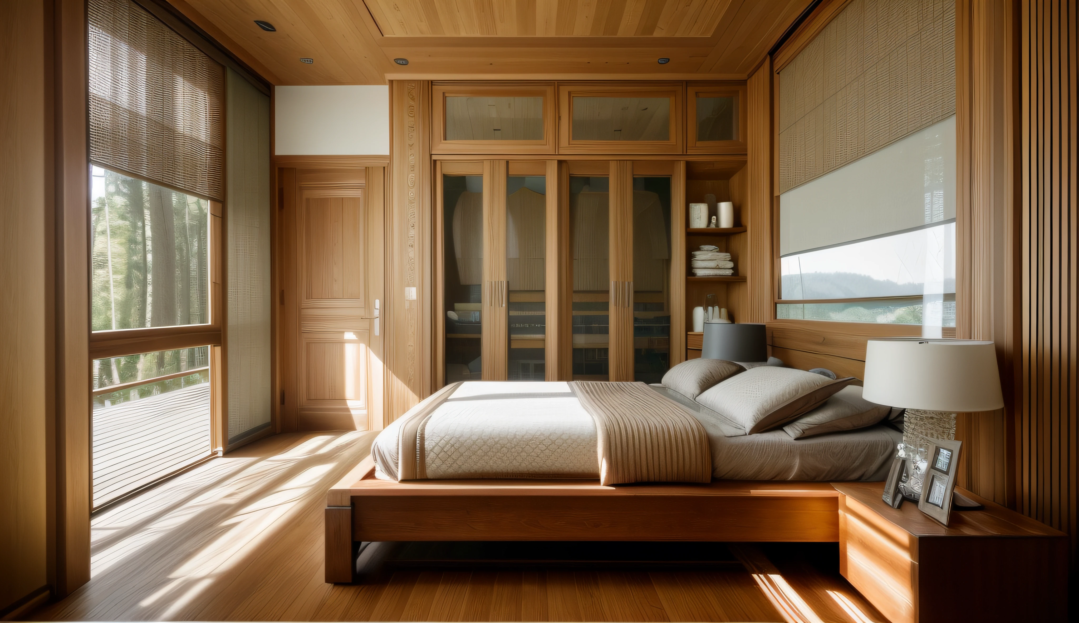 Interior design,insanely detailed wide angle architecture photography, cozy contemporary living room,(bright warm sunlight 1:0.1), award-winning contemporary interior design, scenery, table, chair, indoors, wooden floor, window, restaurant, east asian architecture, sliding doors, lamp, architecture, forest, nature, cup, plant,INTERIOR DESIGN,intersting lights and shadows, Depth of Field,low light, lather paneled wall at the head of the bed