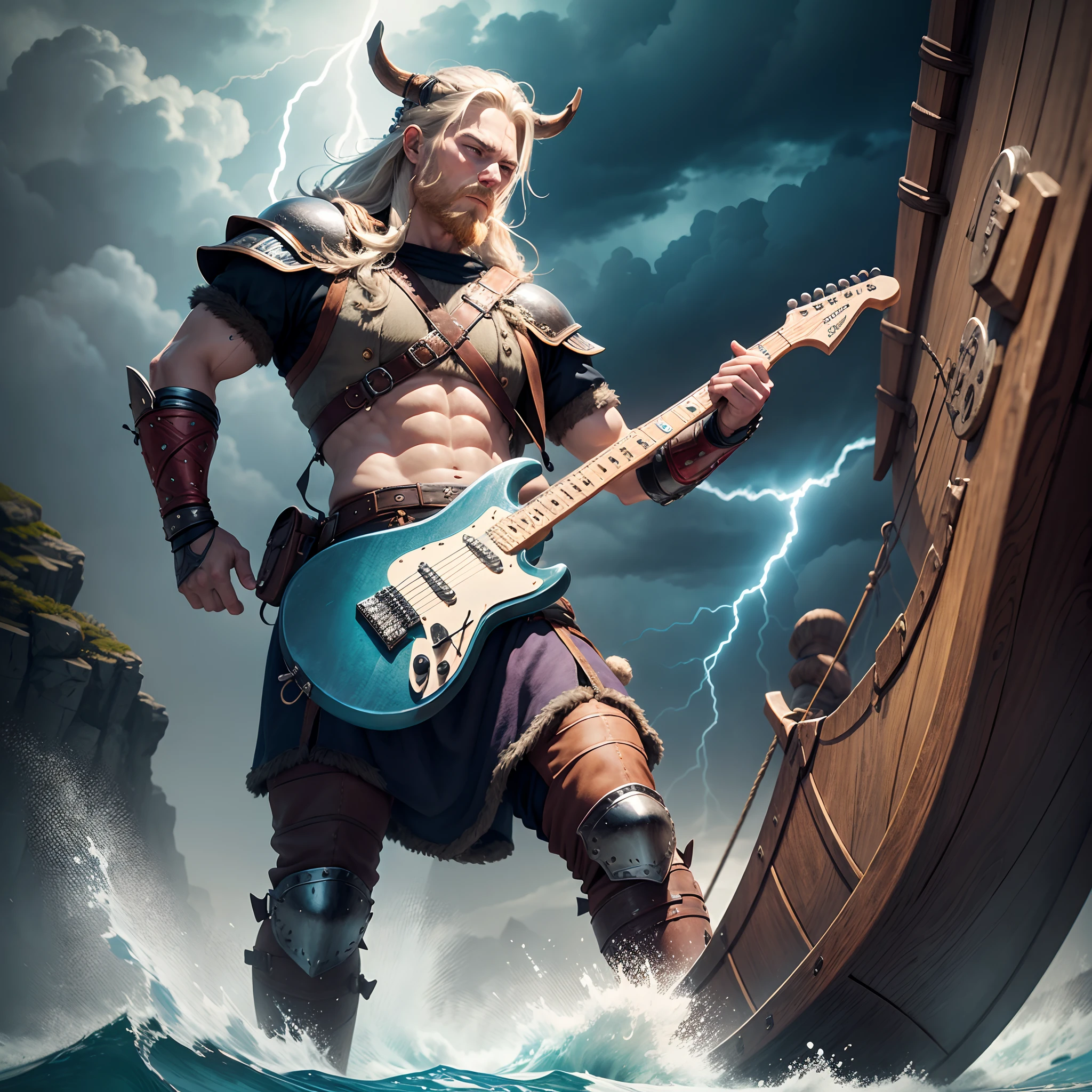 A Viking warrior playing an electric guitar on the prow of a Viking longboat, rock power pose, lightning