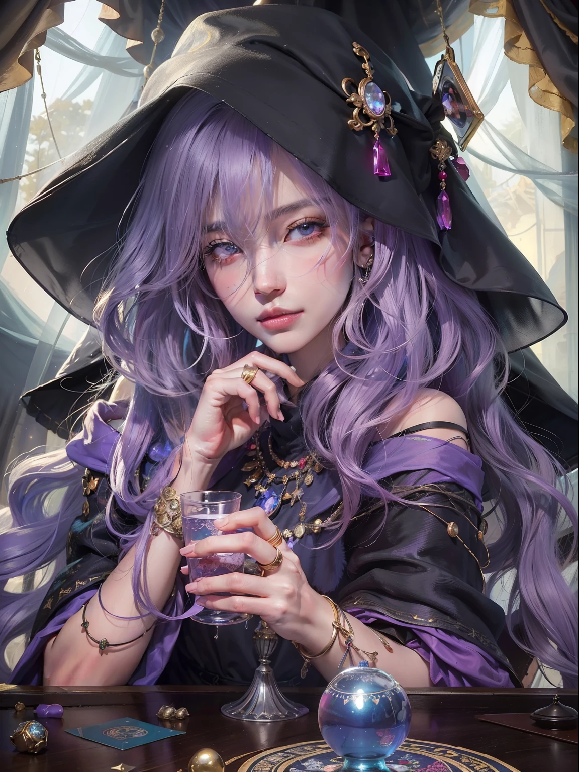 (masterpiece, top quality, best quality, official art, beautiful and aesthetic:1.2), (1girl:1.3), wavy long hair, light purple hair, extremely detailed, portrait, looking at viewer, solo, (full body:0.6), detailed background, close up, glowing eyes, (cold arctic winter theme:1.1), fortune teller, charlatan, smirk, mysterious, sitting at table, colorful shoulderless loose gypsy fortune teller clothes, chalice, tarot cards, crystal ball, medieval (tent interior:1.1) background, tent curtains in background, dark mysterious lighting, shadows, magical atmosphere, starry night,, dutch angle