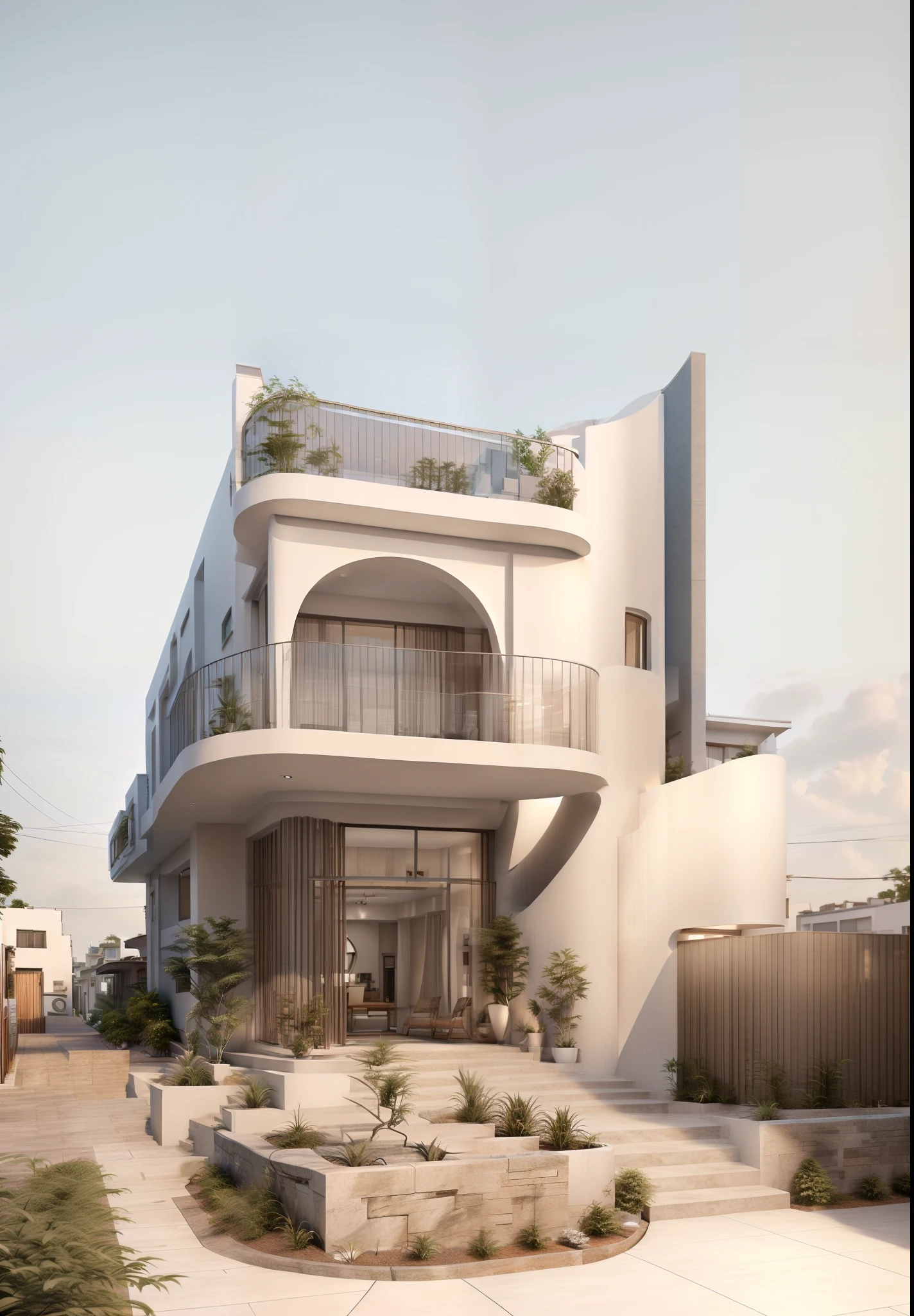 Townhouse, daylight ( best quality) ((high solution)) ,(( photo realistic)) ,warm light, (sharp focus) front view of townhouse in style of modern,small house, Narrow area,VietNam,facade, curved arch,beautiful facade,curved windown,narrow and long ,two-storey,mutual colours, soft lighting, warm atmosphere,high Resolution, hyper detailed,4k ,vray render, octane render, hyper realistic, photography expert ,exterior design , professional photography, exterior photography,wide-angle shot , ultra detail , high Resolution , full frame, full body