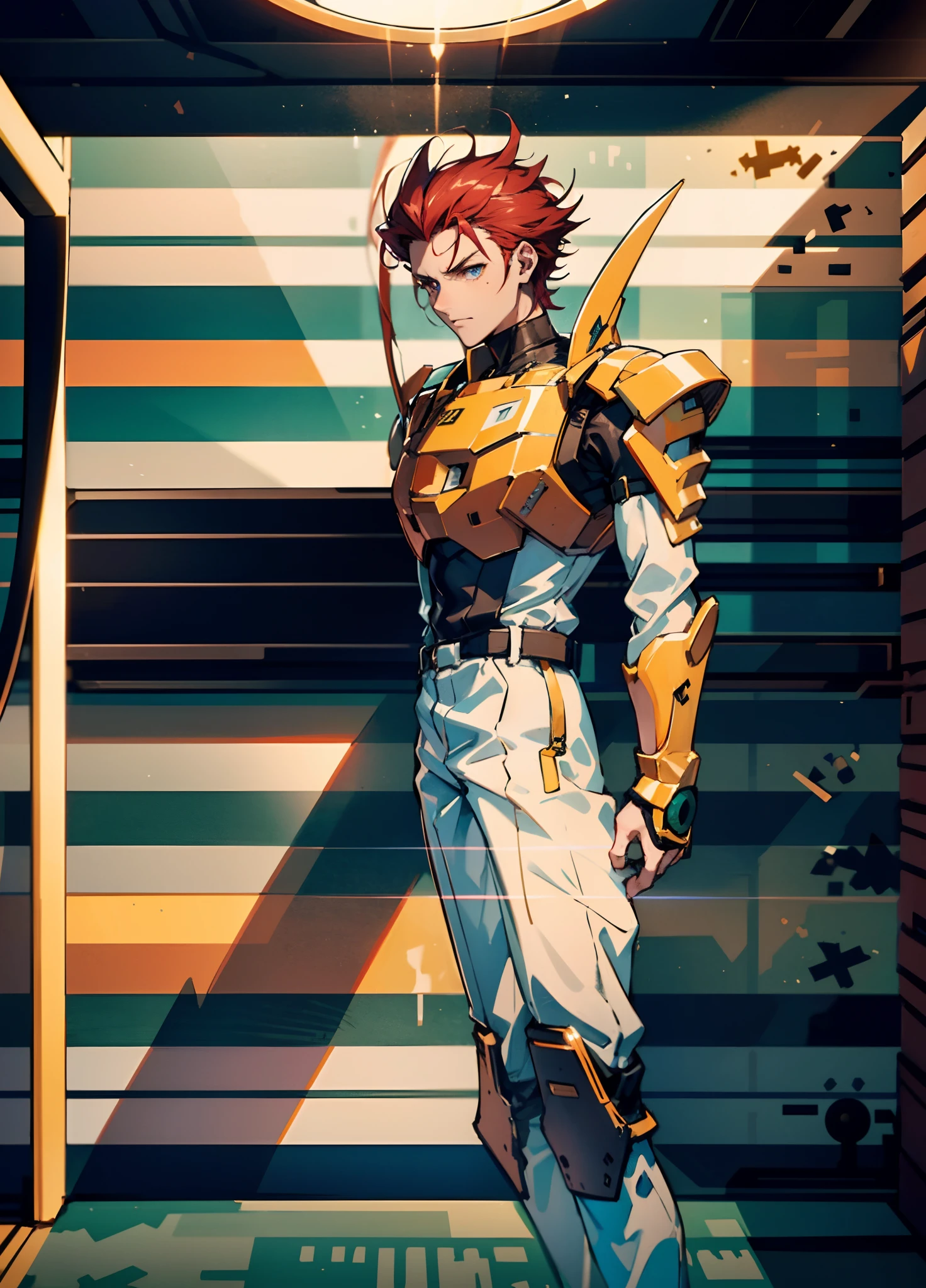 A man with short red-gold hair, hair slicked back, thick and disheveled hair, a cold and ruthless gaze, a confident expression, wears a two-piece futuristic military-style uniform, primarily in shades of white and red, accented by touches of yellow, streamlined wristguard gloves, matching trousers, he stands in a futuristic sci-fi-style hangar housing a colossal mech, stands within a futuristic sci-fi hangar, where a colossal mech is stationed, this character embodies a finely crafted futuristic military officer in anime style, characterized by an exquisite and mature manga illustration art style, high definition, best quality, highres, ultra-detailed, ultra-fine painting, extremely delicate, professional, anatomically correct, symmetrical face, extremely detailed eyes and face, high quality eyes, creativity, RAW photo, UHD, 8k, Natural light, cinematic lighting, masterpiece:1.5