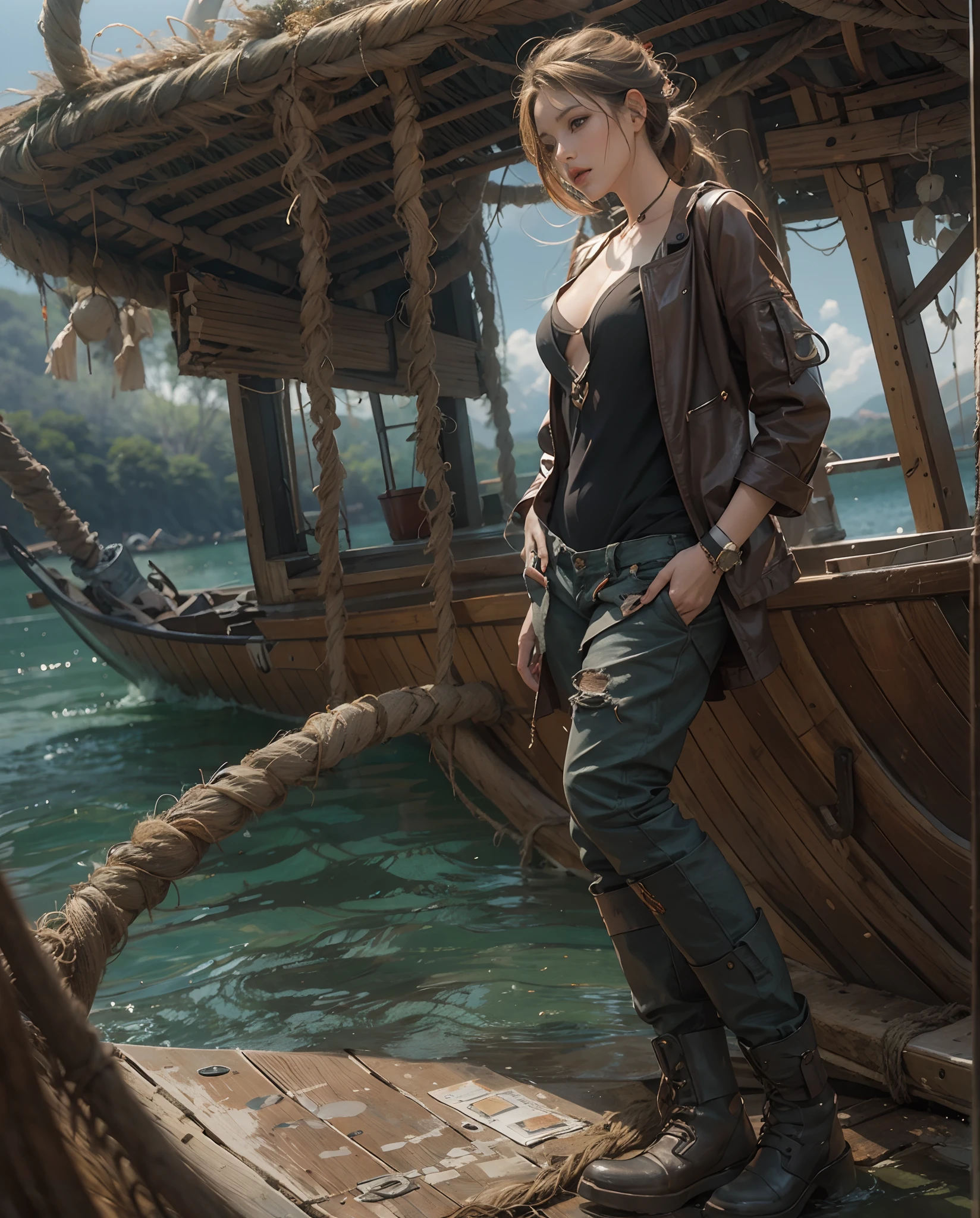 A sexy beautiful woman stranded on a rawboat, realistic