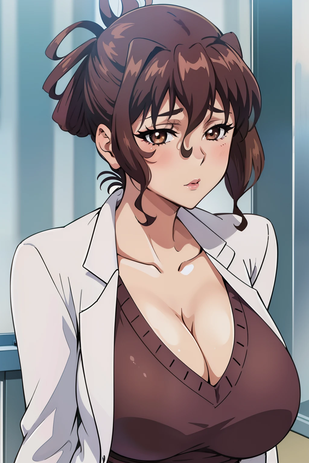 anime cels style, Aiko Katsuragi, best quality, high resolution, mature female, milf, 1girl, huge breasts, labcoat, makeup, lipstick, brown eyes, folded ponytail, brown hair, cleavage, eyeliner, eyeshadow, (caring look:1.1), look at viewer, blush, medical room